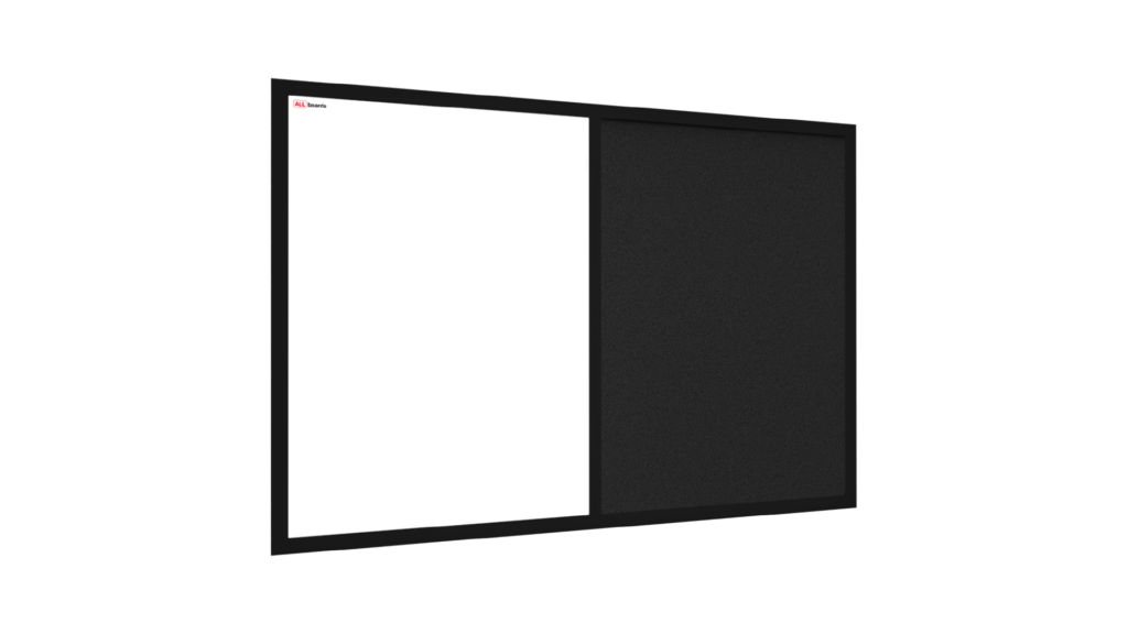 Tableau COMBI en liège noir / blanc magnétique 90x60 cadre en bois laqué noir