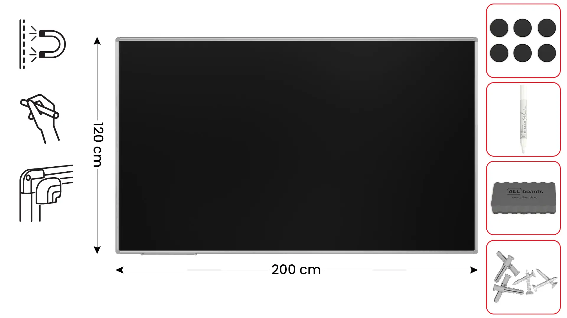 Tableau à Craie Noir Magnétique avec Cadre en Aluminium Premium EXPO 200x120cm + ACCESSOIRES – Image 2