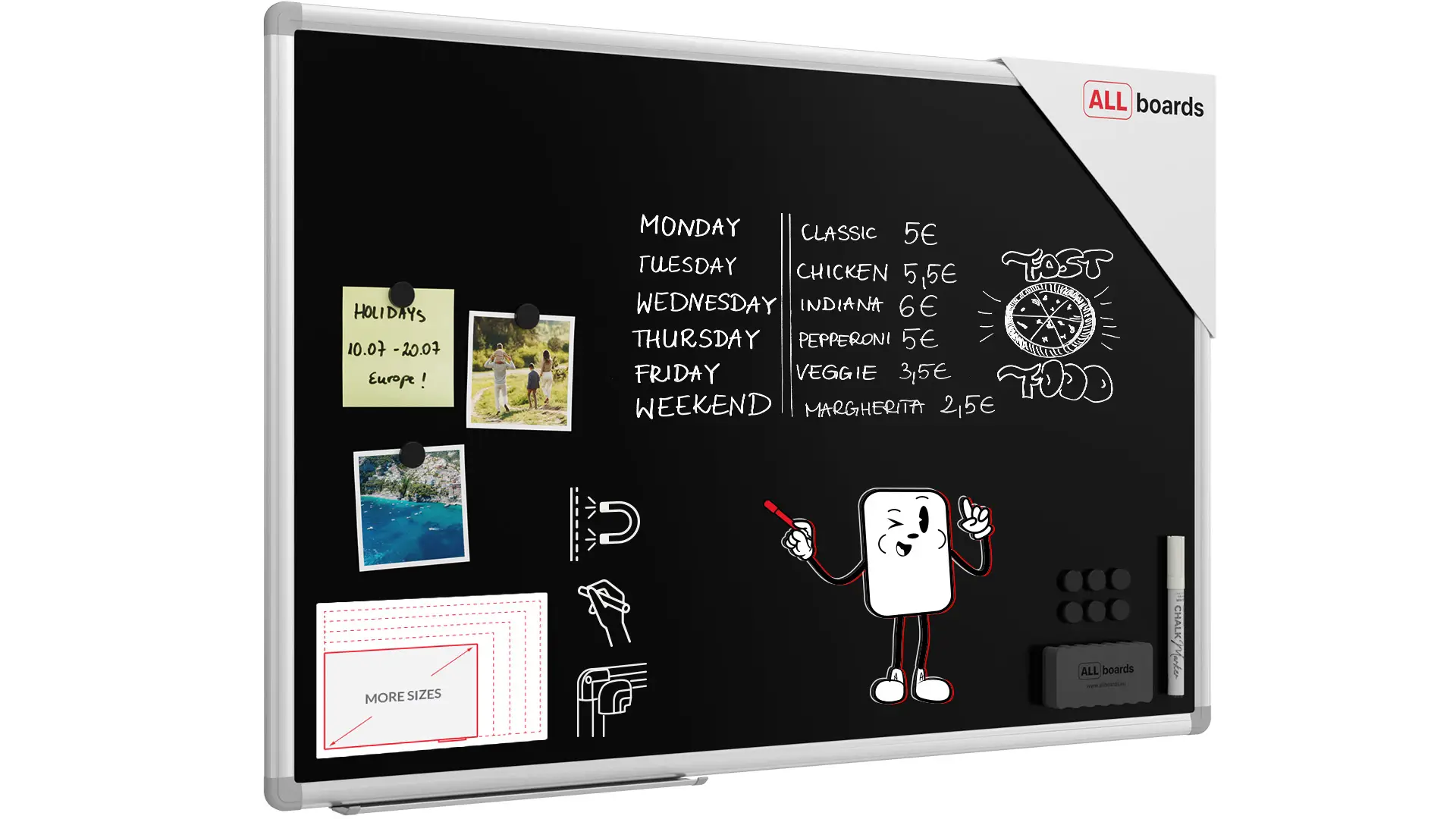 Tableau à Craie Noir Magnétique avec Cadre en Aluminium Premium EXPO 90x60cm + ACCESSOIRES