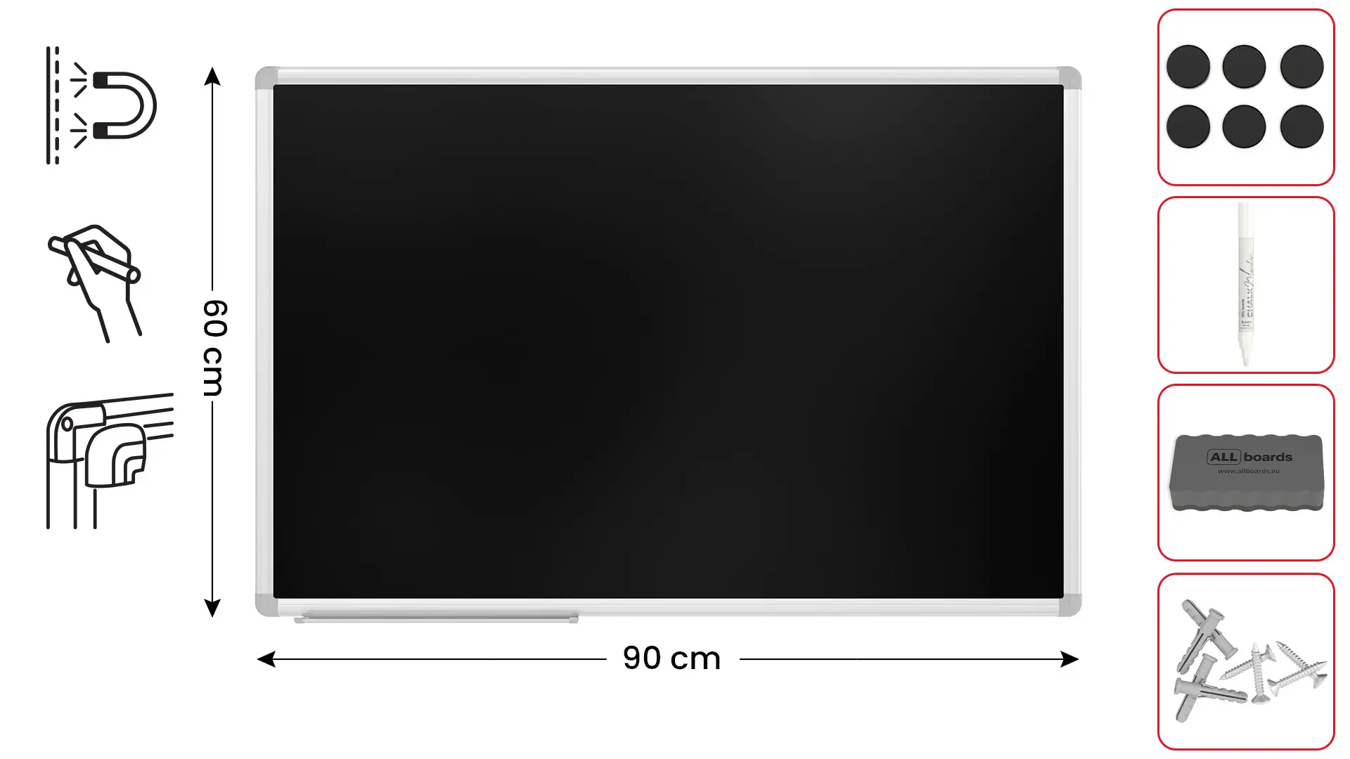 Tableau à Craie Noir Magnétique avec Cadre en Aluminium Premium EXPO 90x60cm + ACCESSOIRES – Image 2