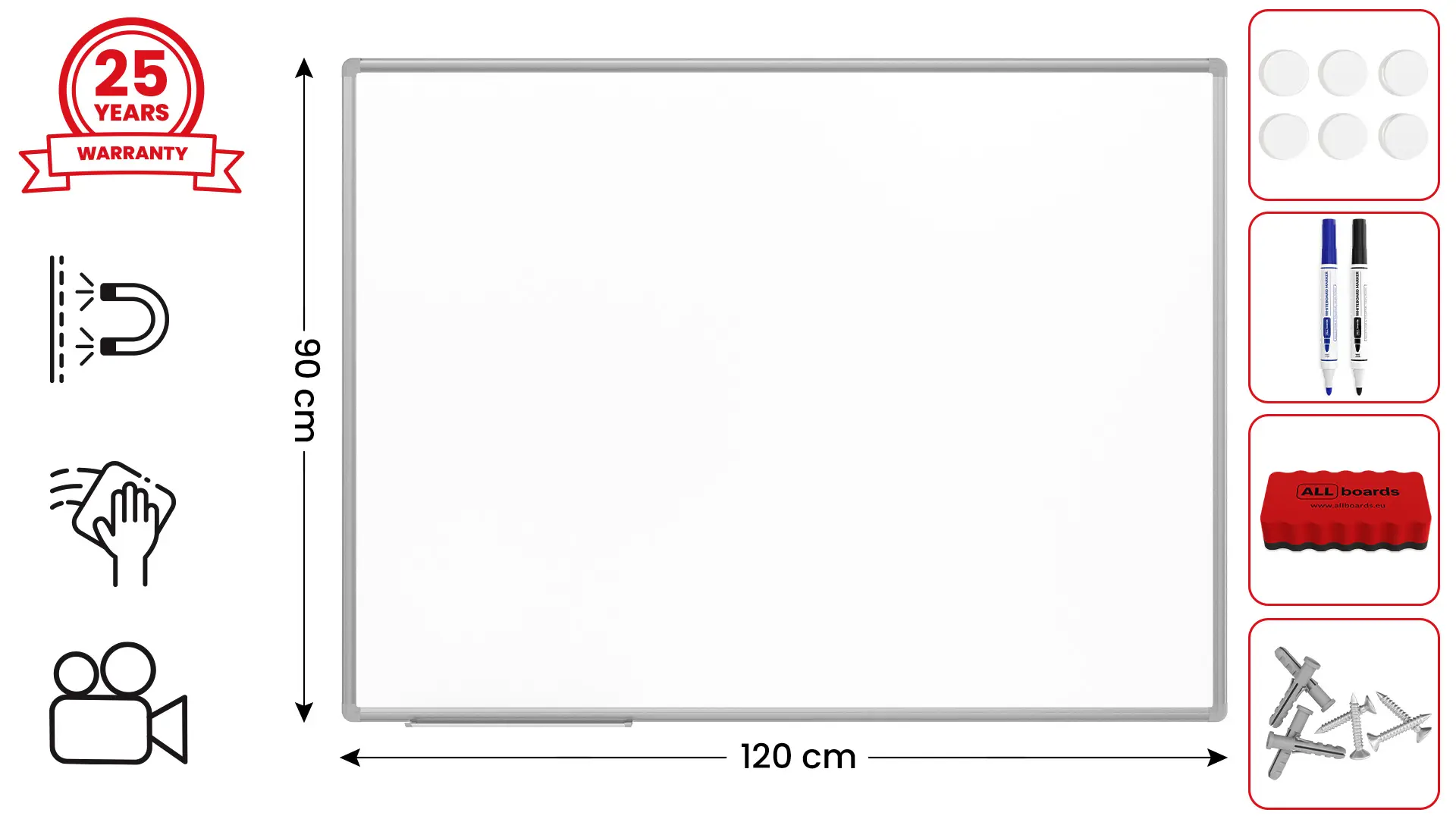 Tableau Blanc Emaillé Magnétique Effaçable à Sec avec Cadre en Aluminium 120x90cm