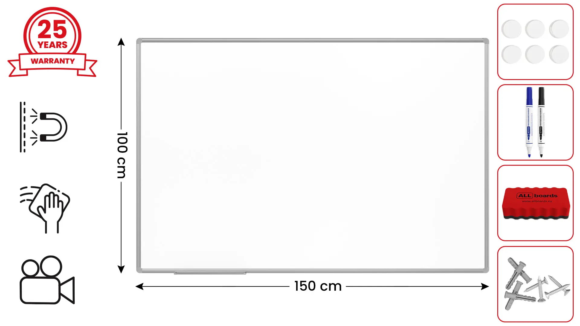 Tableau Blanc Emaillé Magnétique Effaçable à Sec avec Cadre en Aluminium 150x100cm