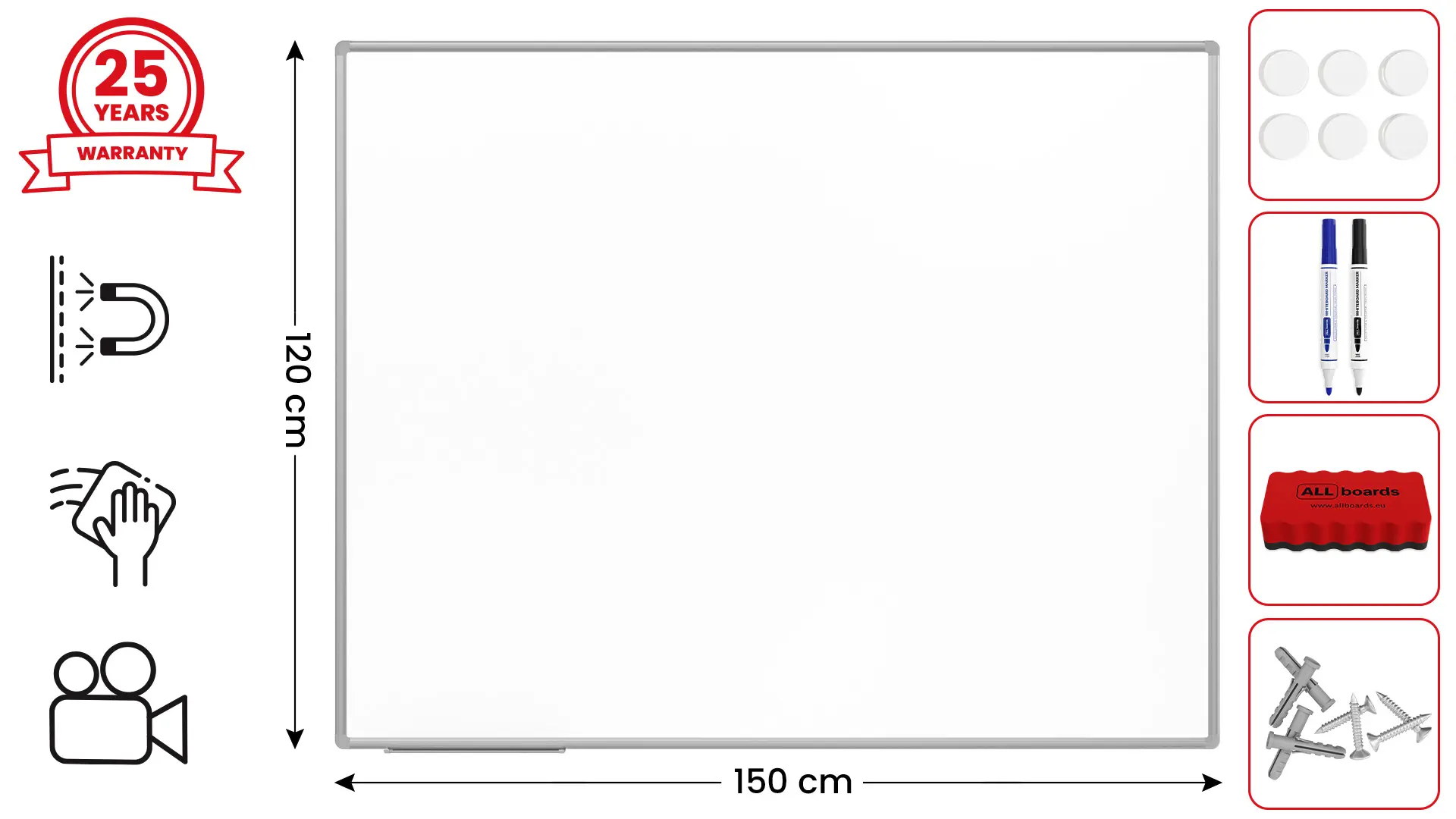 Tableau Blanc Emaillé Magnétique Effaçable à Sec avec Cadre en Aluminium 150x120 cm