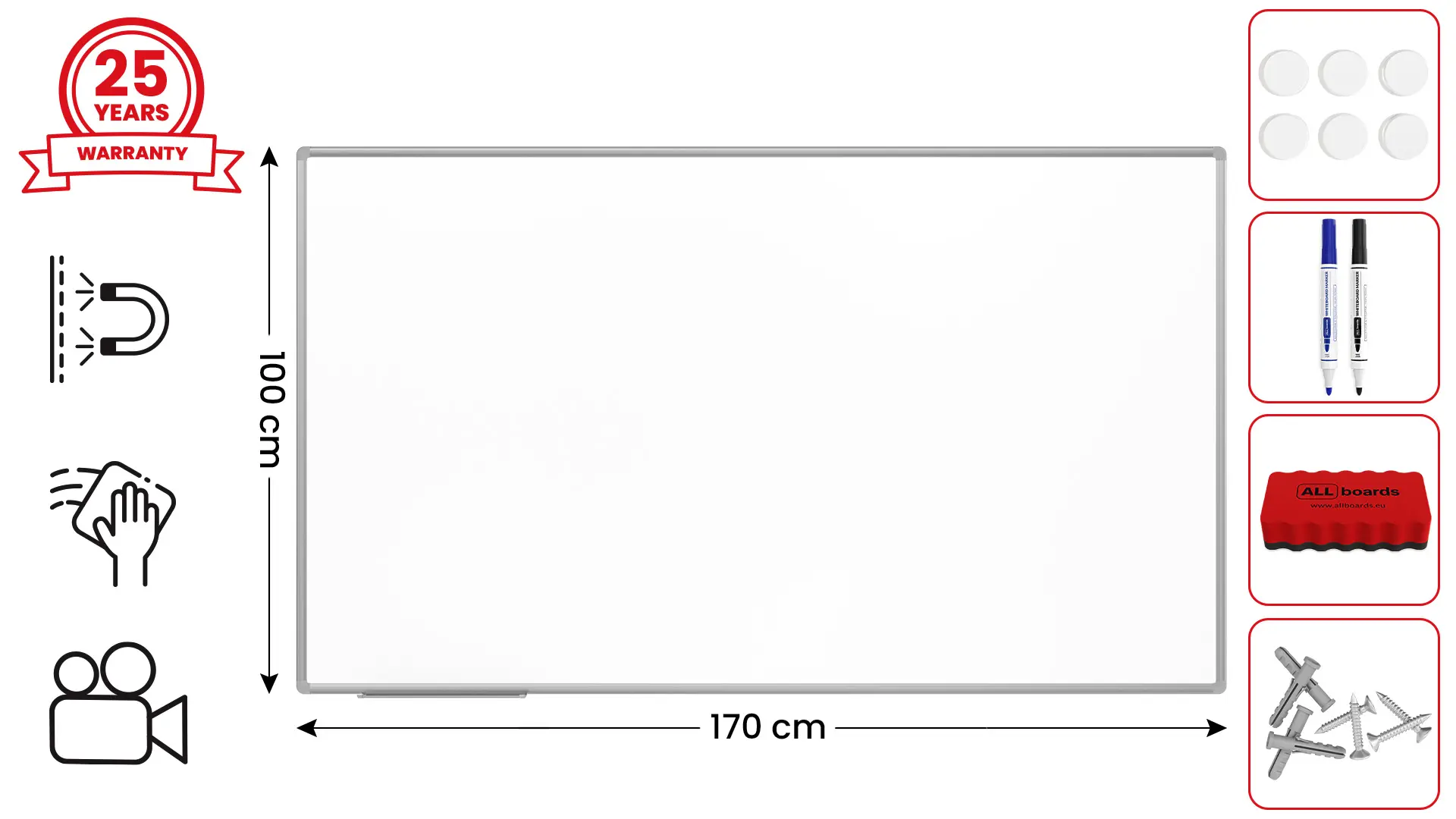 Tableau Blanc Emaillé Magnétique Effaçable à Sec avec Cadre en Aluminium 170x100cm