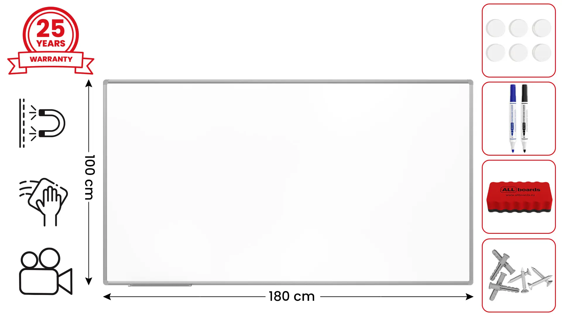 Tableau Blanc Emaillé Magnétique Effaçable à Sec avec Cadre en Aluminium 180x100cm