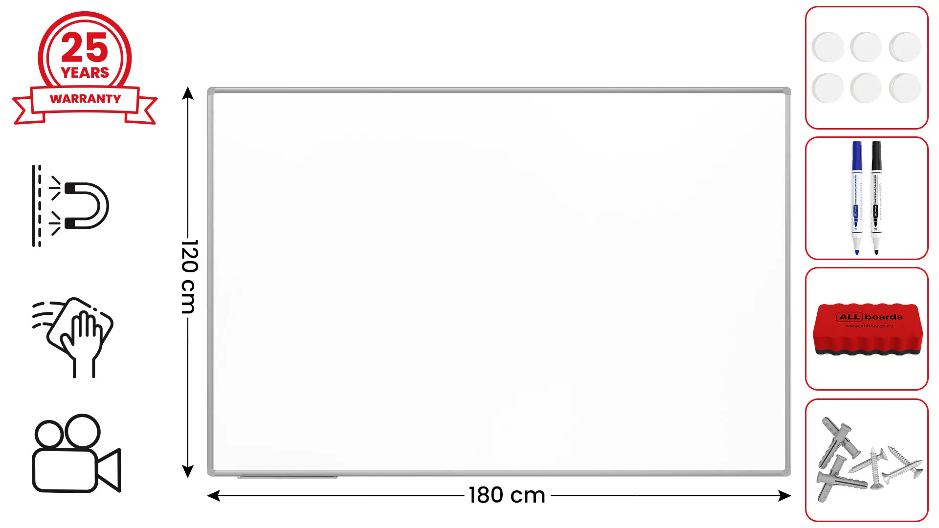 Tableau Blanc Emaillé Magnétique Effaçable à Sec avec Cadre en Aluminium 180x120cm
