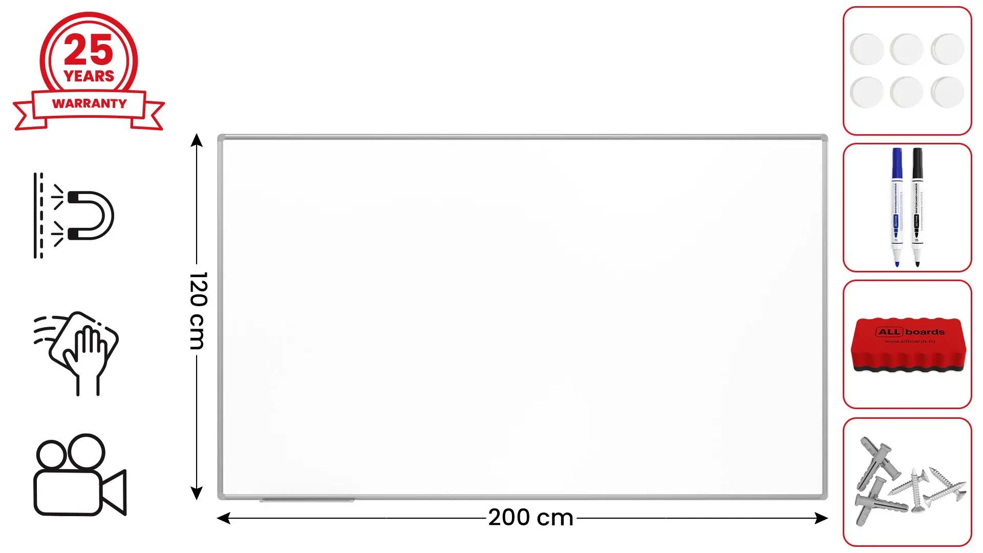 Tableau Blanc Emaillé Magnétique Effaçable à Sec avec Cadre en Aluminium 200x120cm