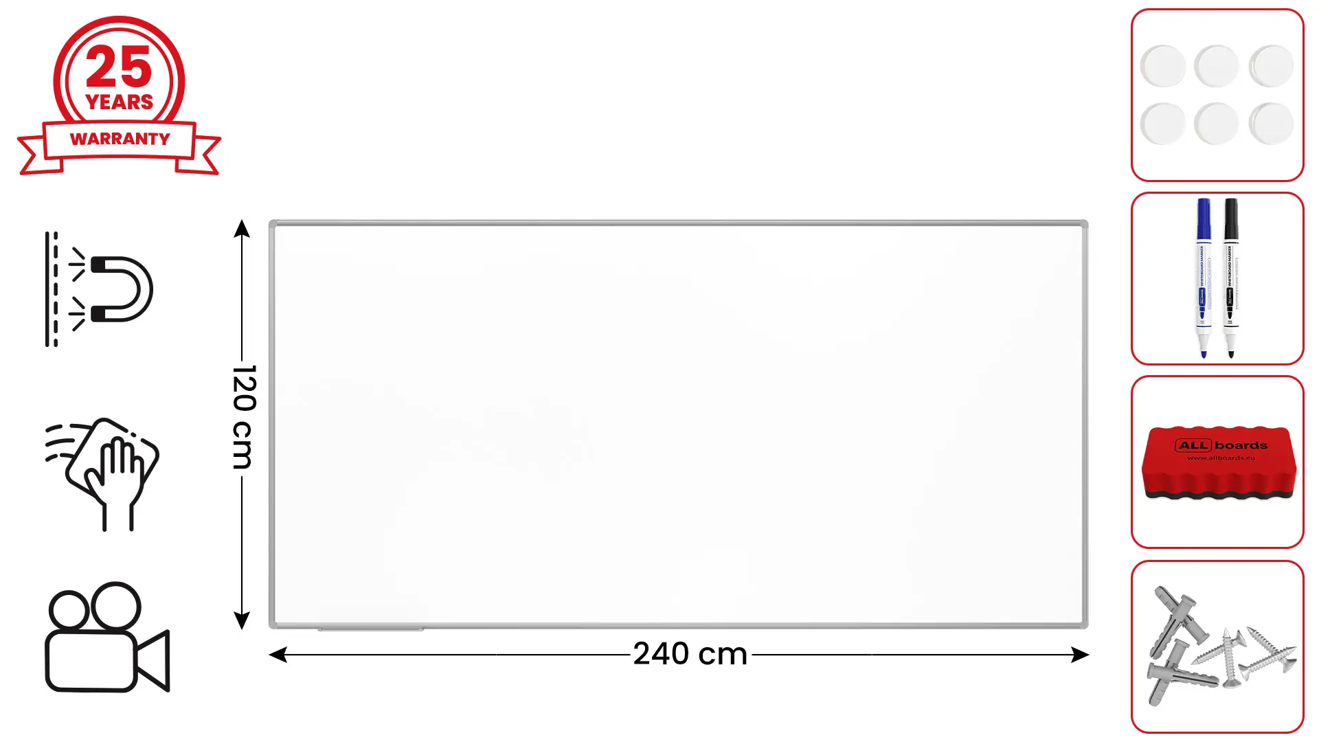 Tableau Blanc Emaillé Magnétique Effaçable à Sec avec Cadre en Aluminium 240x120 cm