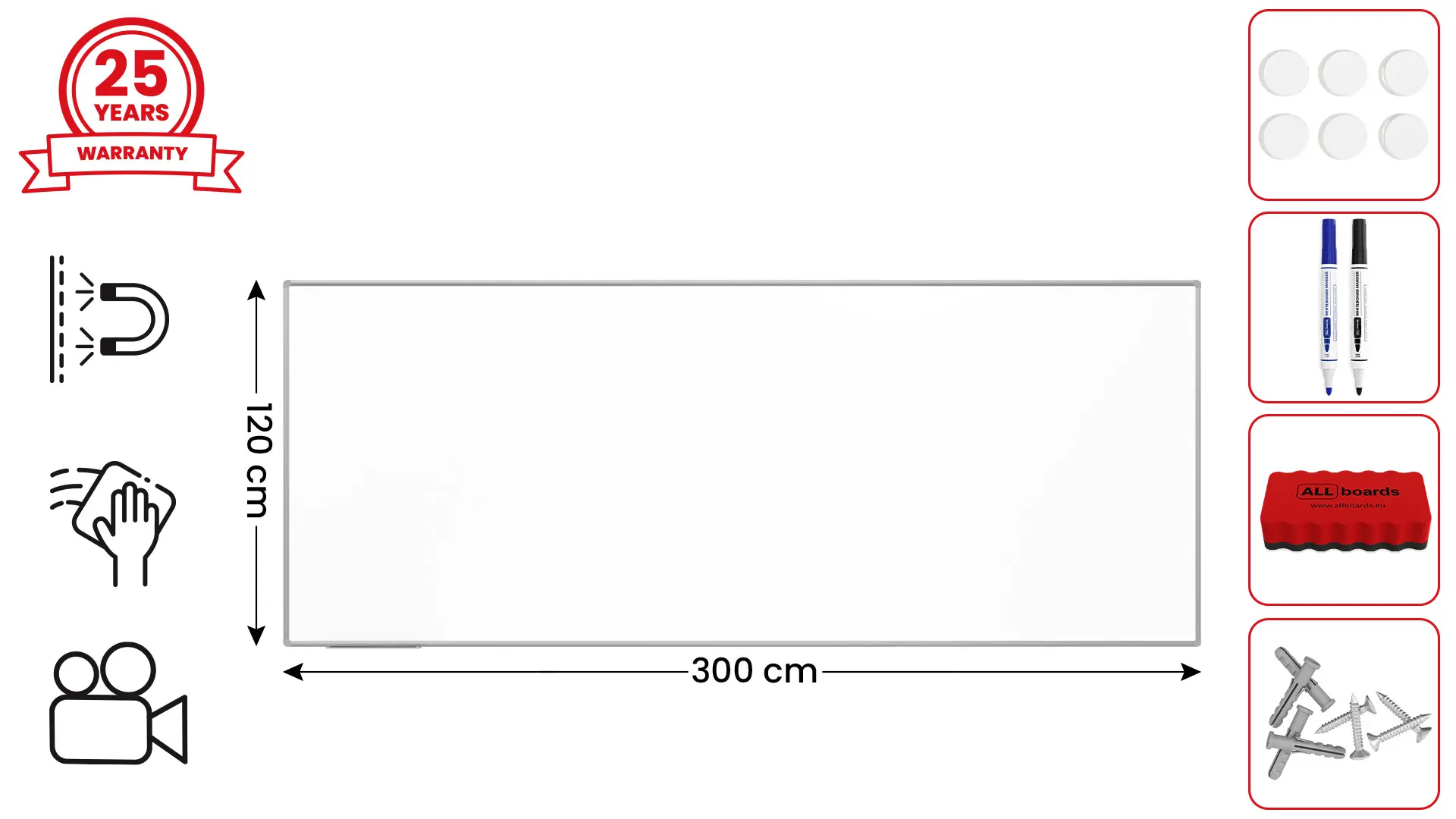 Tableau Blanc Emaillé Magnétique Effaçable à Sec avec Cadre en Aluminium 300x120 cm