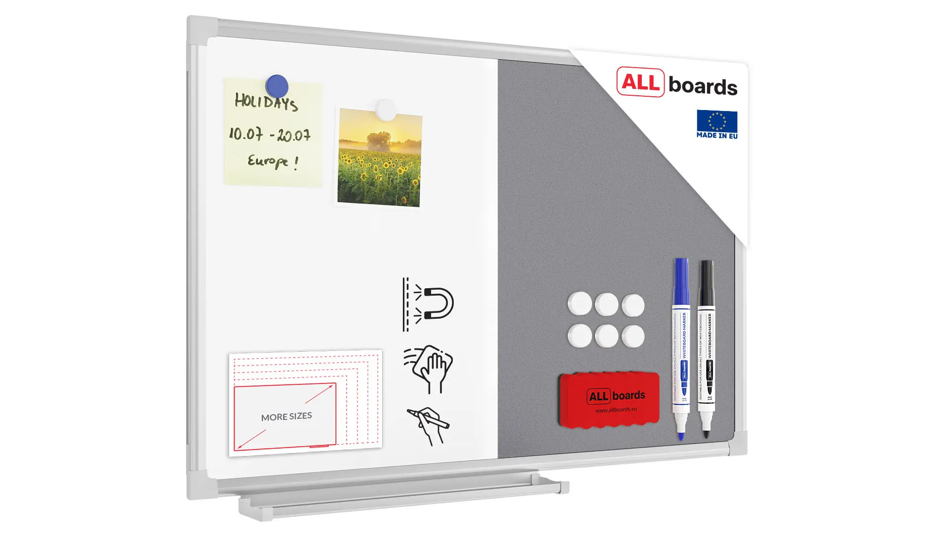 Tableau Combi 2 en 1 Tableau Blanc & Tableau en Feutre Gris avec Cadre en Aluminium 60x40cm