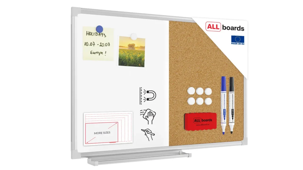 Tableau Combi 2 en 1, Blanc Magnétique Effaçable à Sec et en Liège avec Cadre en Aluminium 60x40cm