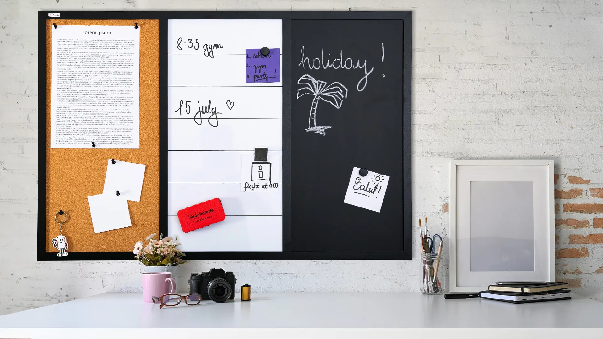 Tableau COMBI 3 en 1 : tableau effaçable à sec blanc, magnétique noir et en liège 90x60 cm + ACCESSOIRES GRATUITS – Image 3