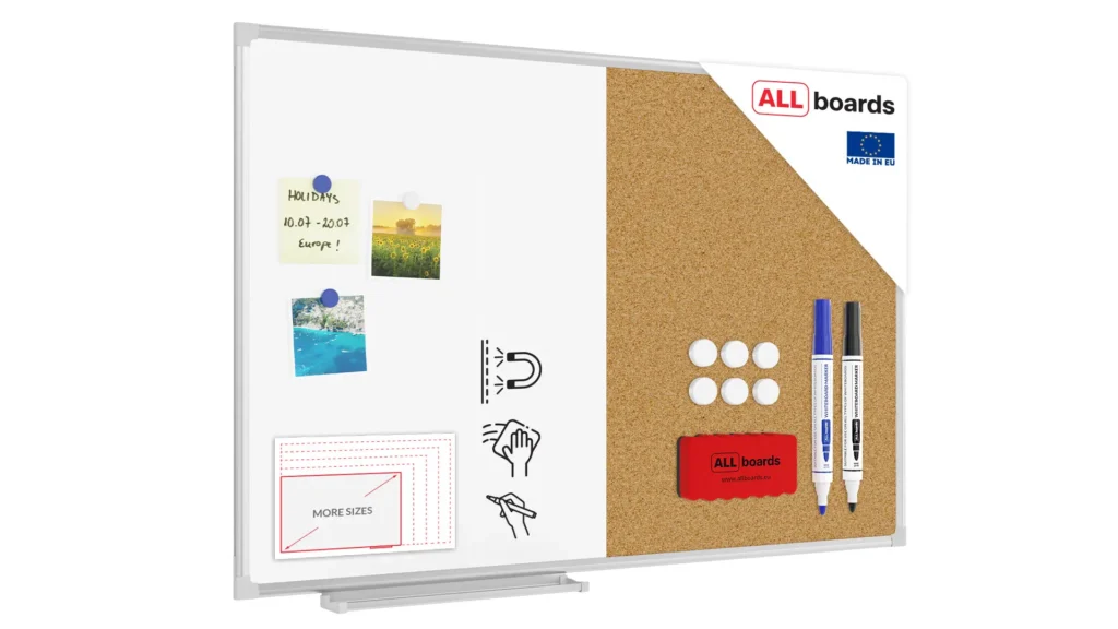 Tableau Combi 2 en 1, Blanc Magnétique Effaçable à Sec et en Liège avec Cadre en Aluminium 90x60cm