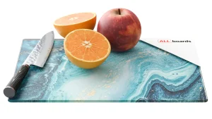 Planche à Découper & Plateau en Verre 30x20cm avec Motif BLEU ET OR