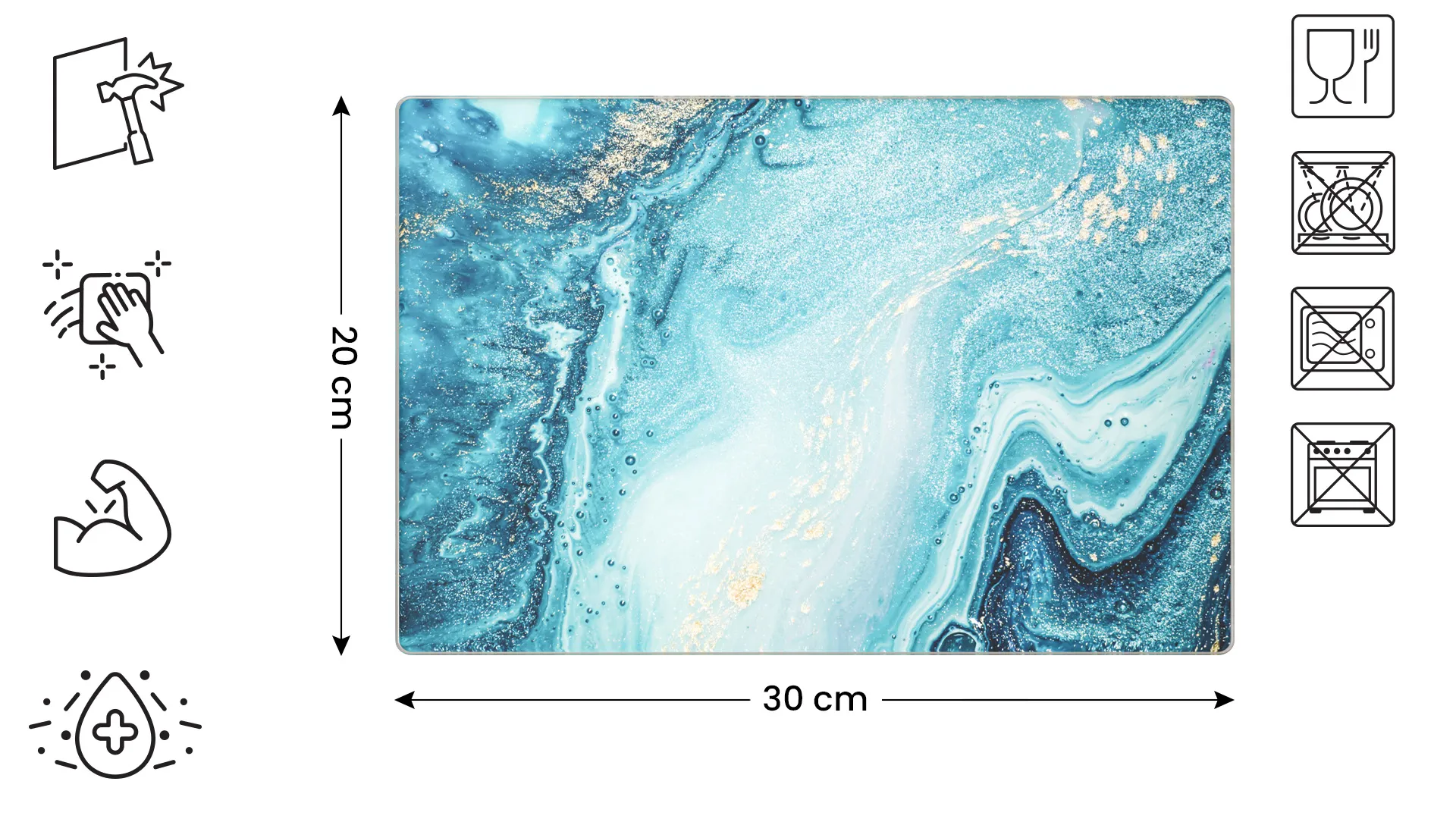 Planche à Découper & Plateau en Verre 30x20cm avec Motif BLEU ET OR – Image 2