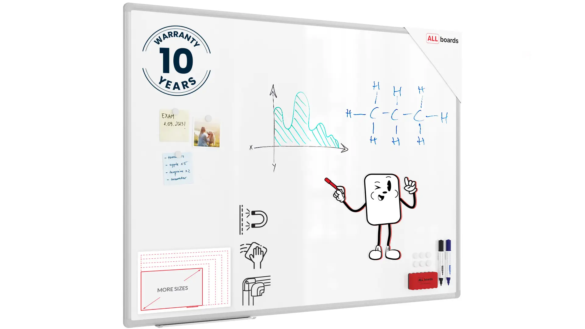 Tableau Blanc Magnétique Effaçable à Sec avec Cadre en Aluminium Premium EXPO 120x90cm + accessoires