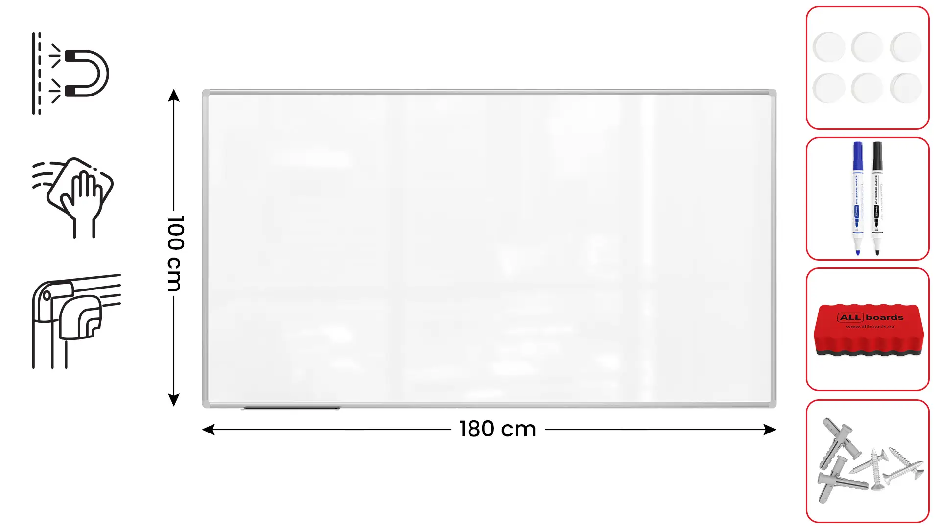 Tableau Blanc Magnétique Effaçable à Sec avec Cadre en Aluminium Premium EXPO 180x100cm + accessoires – Image 2