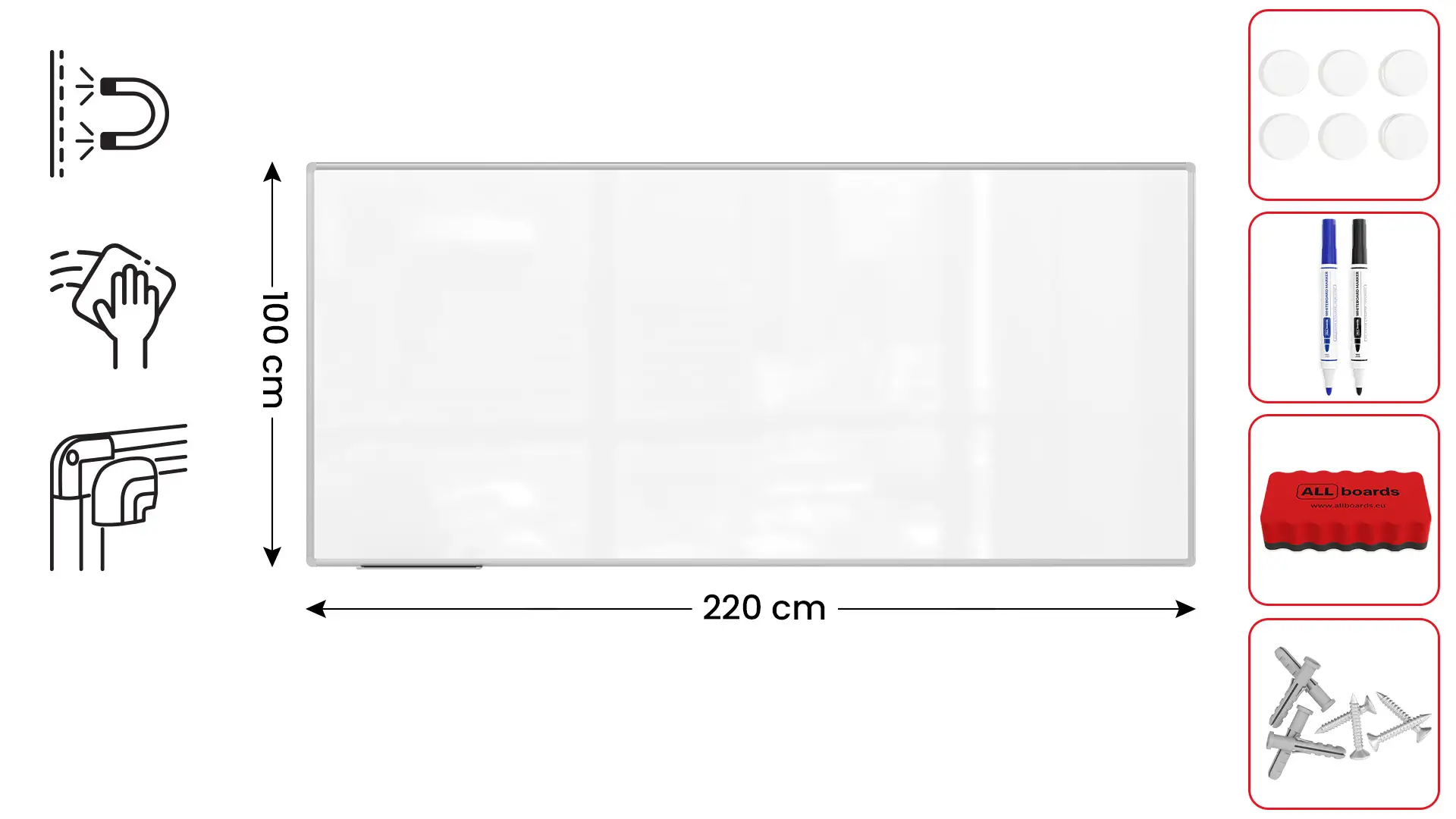Tableau Blanc Magnétique Effaçable à Sec avec Cadre en Aluminium Premium EXPO 220x100cm + accessoires – Image 2