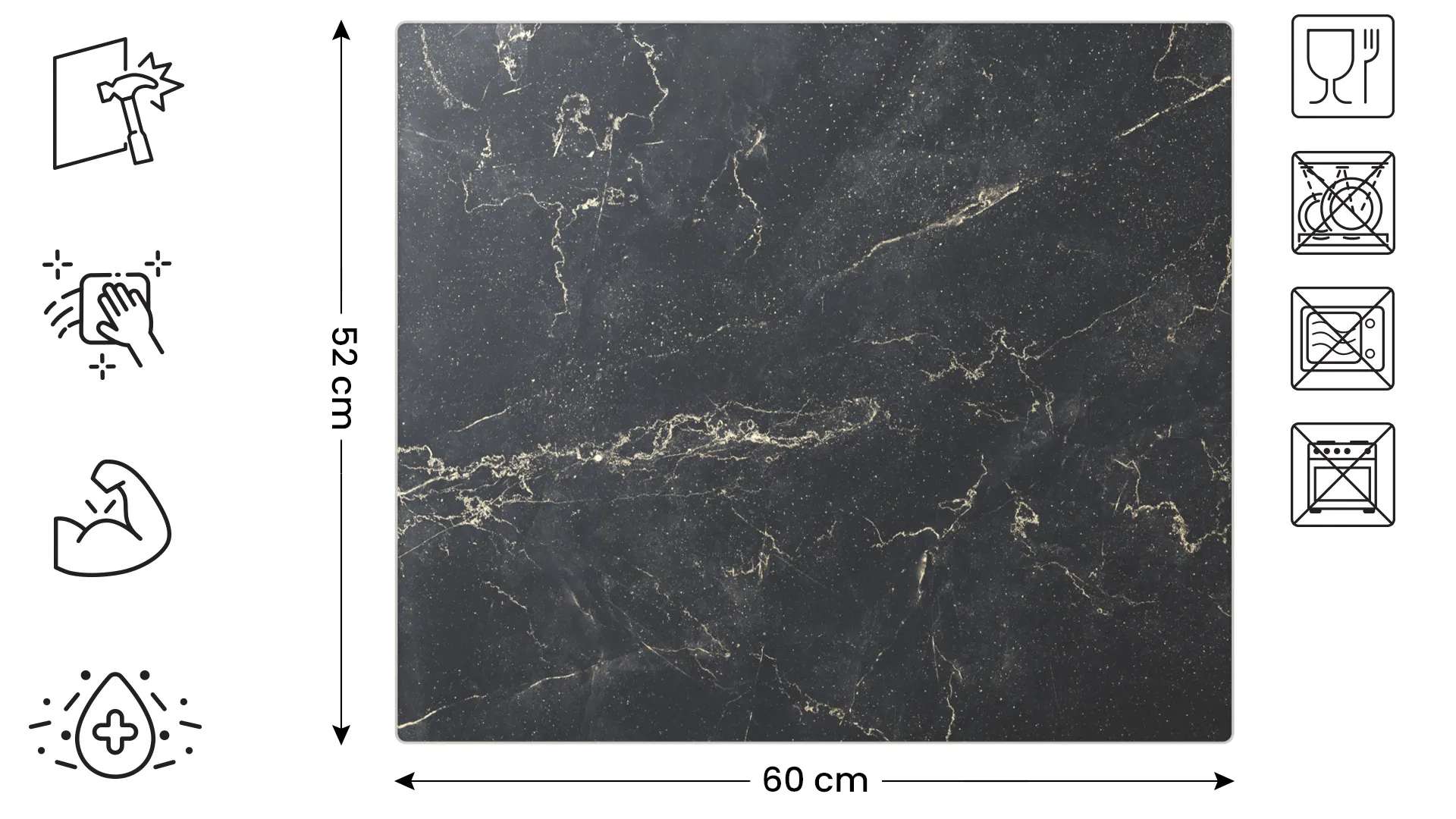 Plaque de Protection en Verre Trempé Universel et Multifonction 60x52cm avec Motif Marbre Noir, Planche à Découper, Plateau en Verre – Image 2