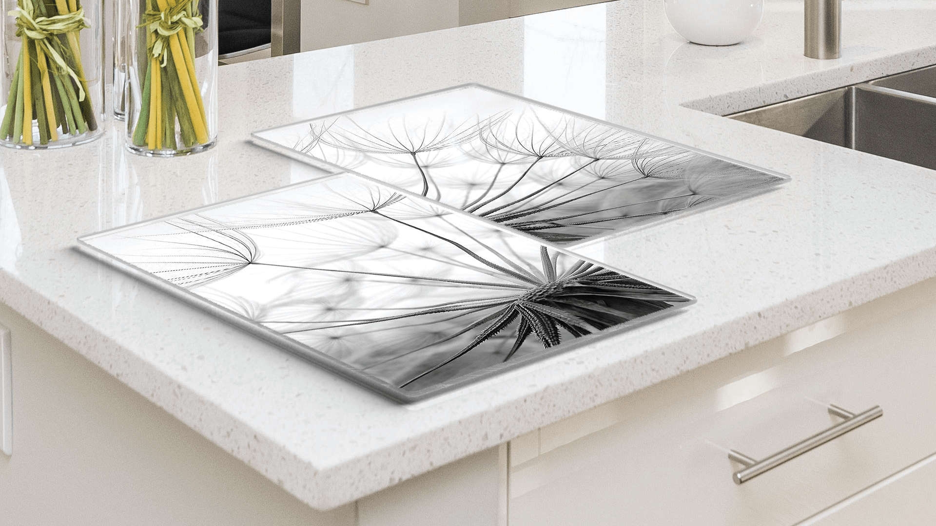 Plaque de Protection en Verre Trempé Universel et Multifonction - Planche à Découper & Plateau en Verre, 2 pièces 52x30cm Style Pissenlit