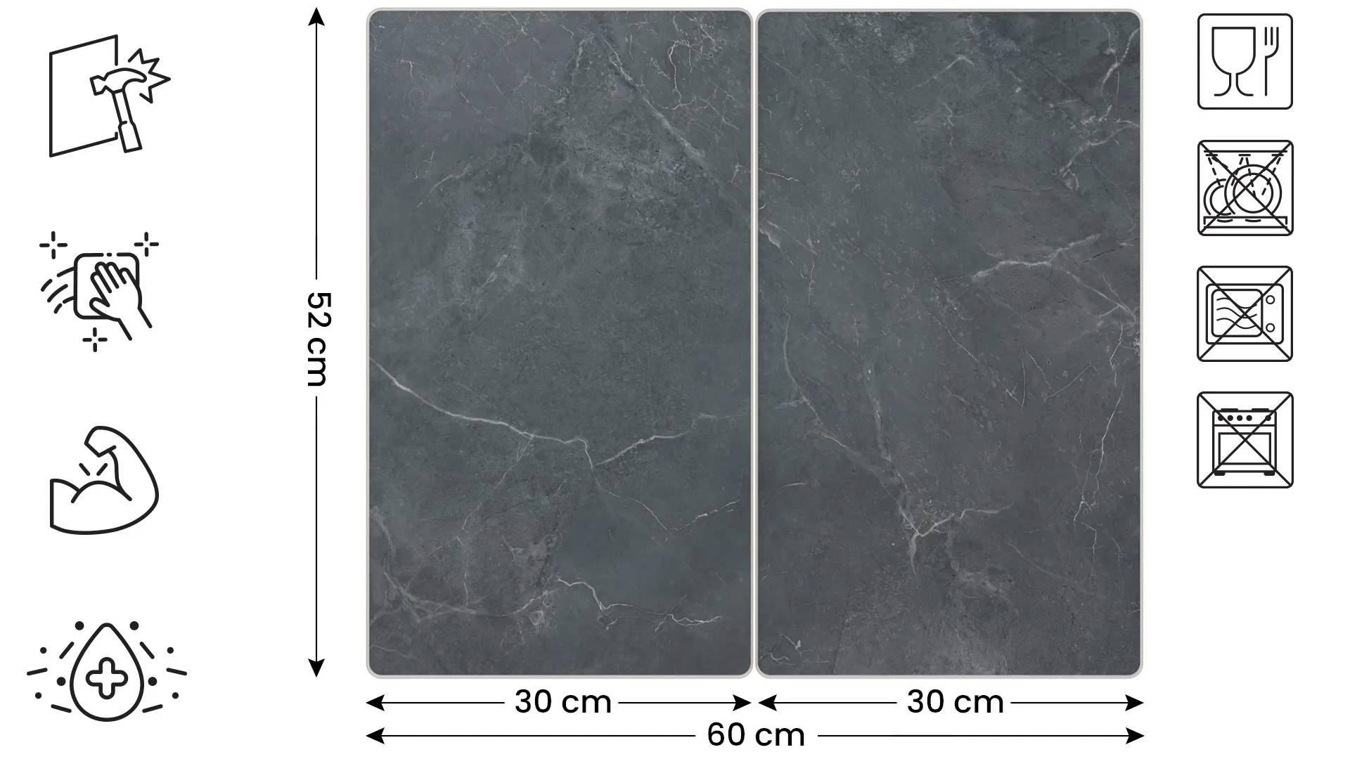 Plaque de Protection en Verre Trempé Universel et Multifonction - 2 pièces 52x30cm Motif Marbre Gris Anthracite, Planche à Découper, Plateau en Verre – Image 2