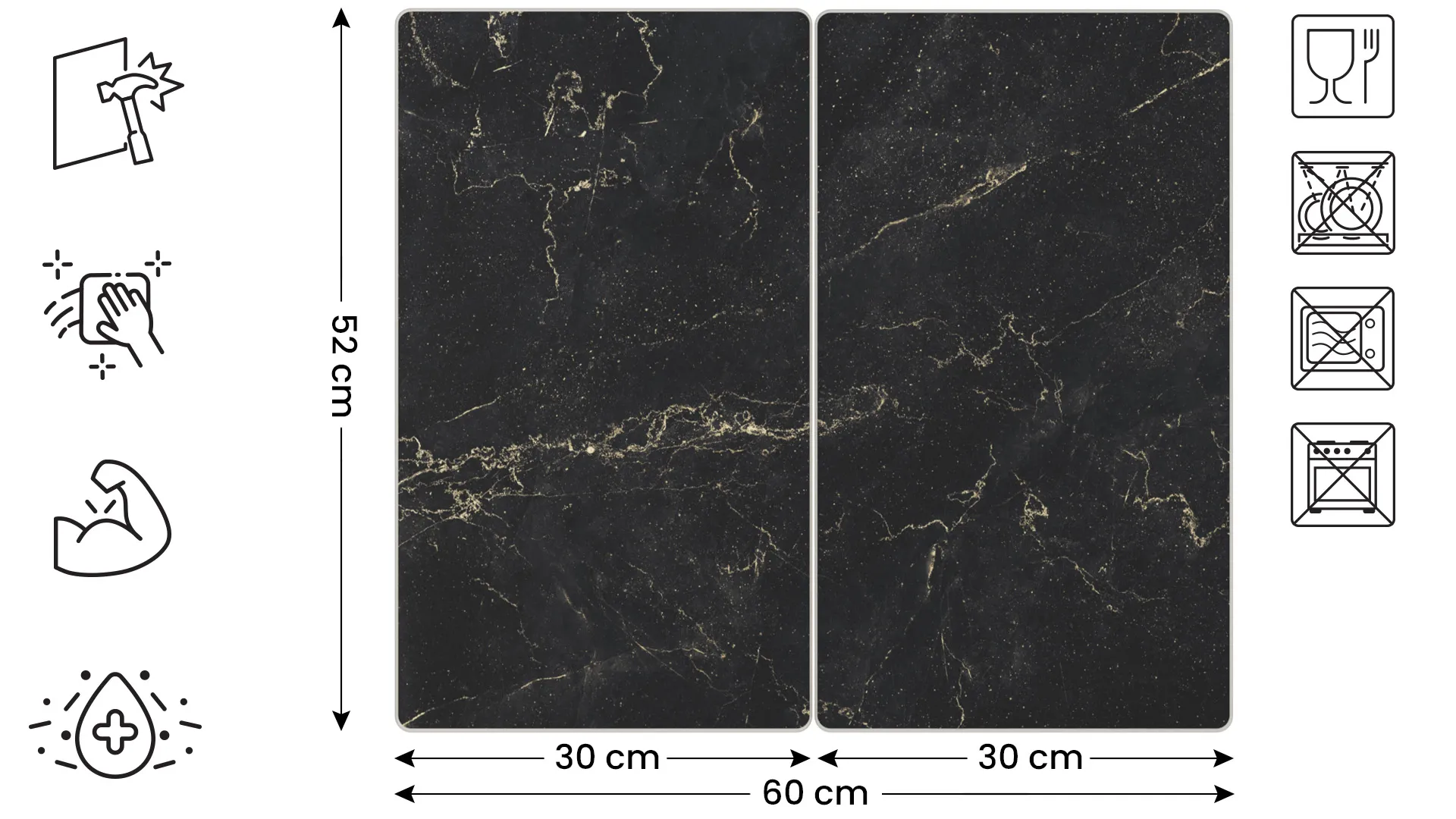 Plaque de Protection en Verre Trempé Universel et Multifonction - 2 pièces 52x30cm Motif Marbre Noir, Planche à Découper, Plateau en Verre – Image 2