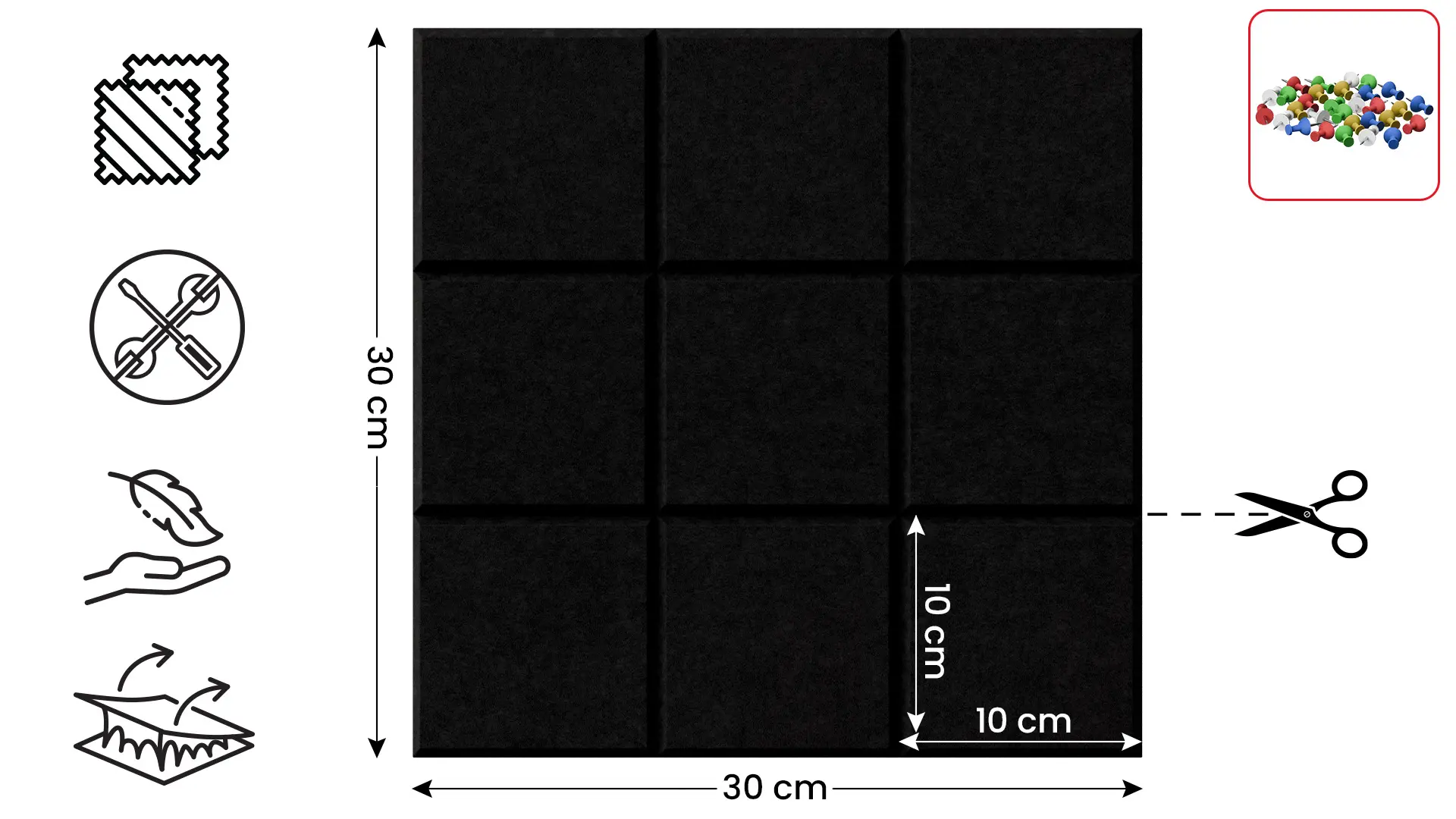 Panneaux en feutre muraux 30x30 cm noir - 6 pièces