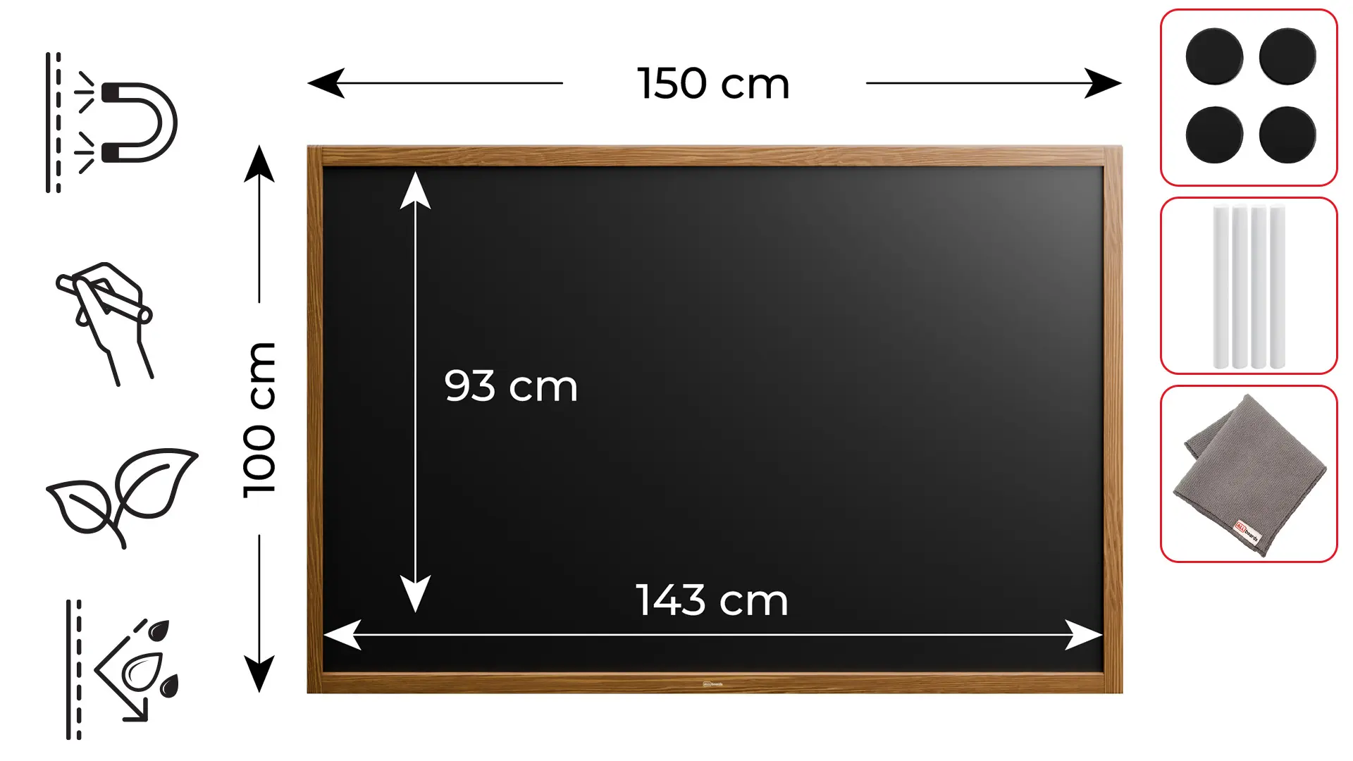 Tableau à craie noir magnétique étanche avec cadre en bois laqué 150 x 100 cm + accessoires – Image 2
