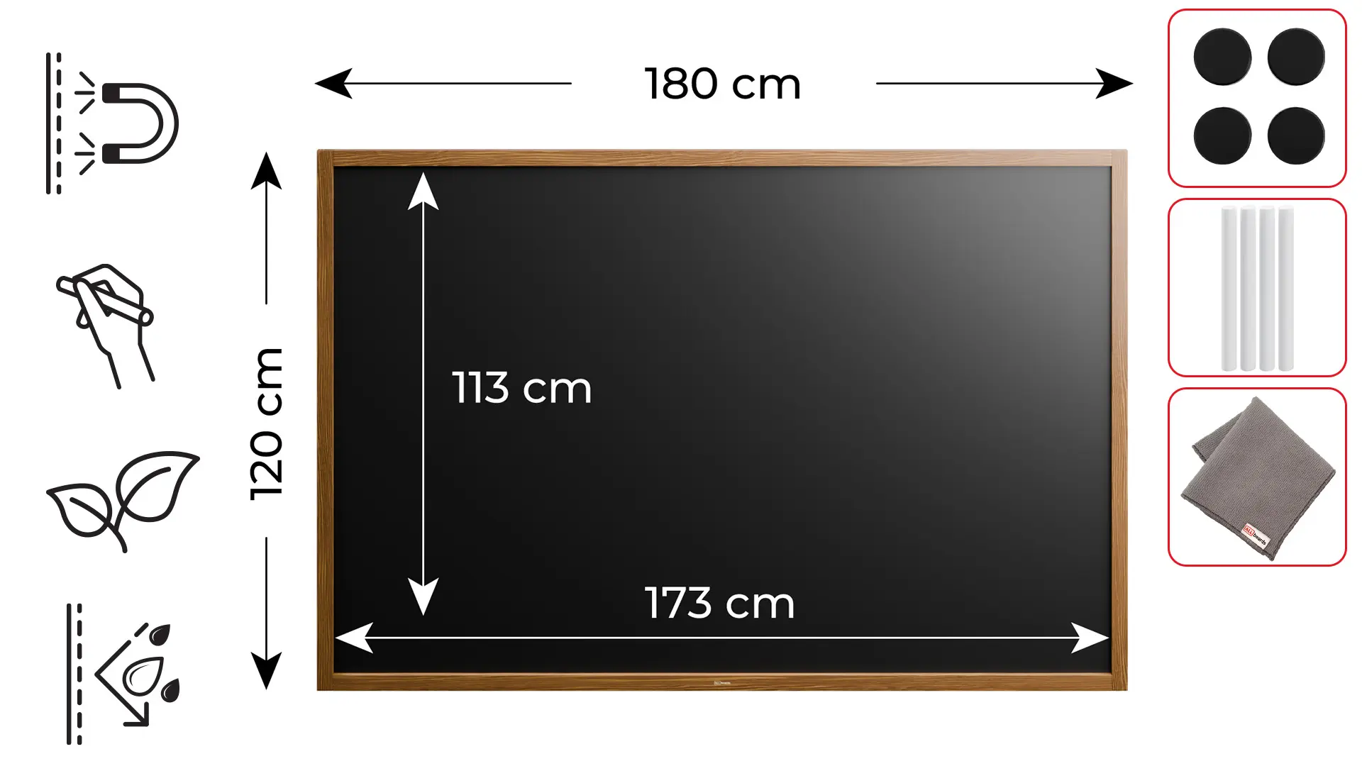 Tableau à craie noir magnétique étanche avec cadre en bois laqué 180 x 120 cm + accessoires – Image 2