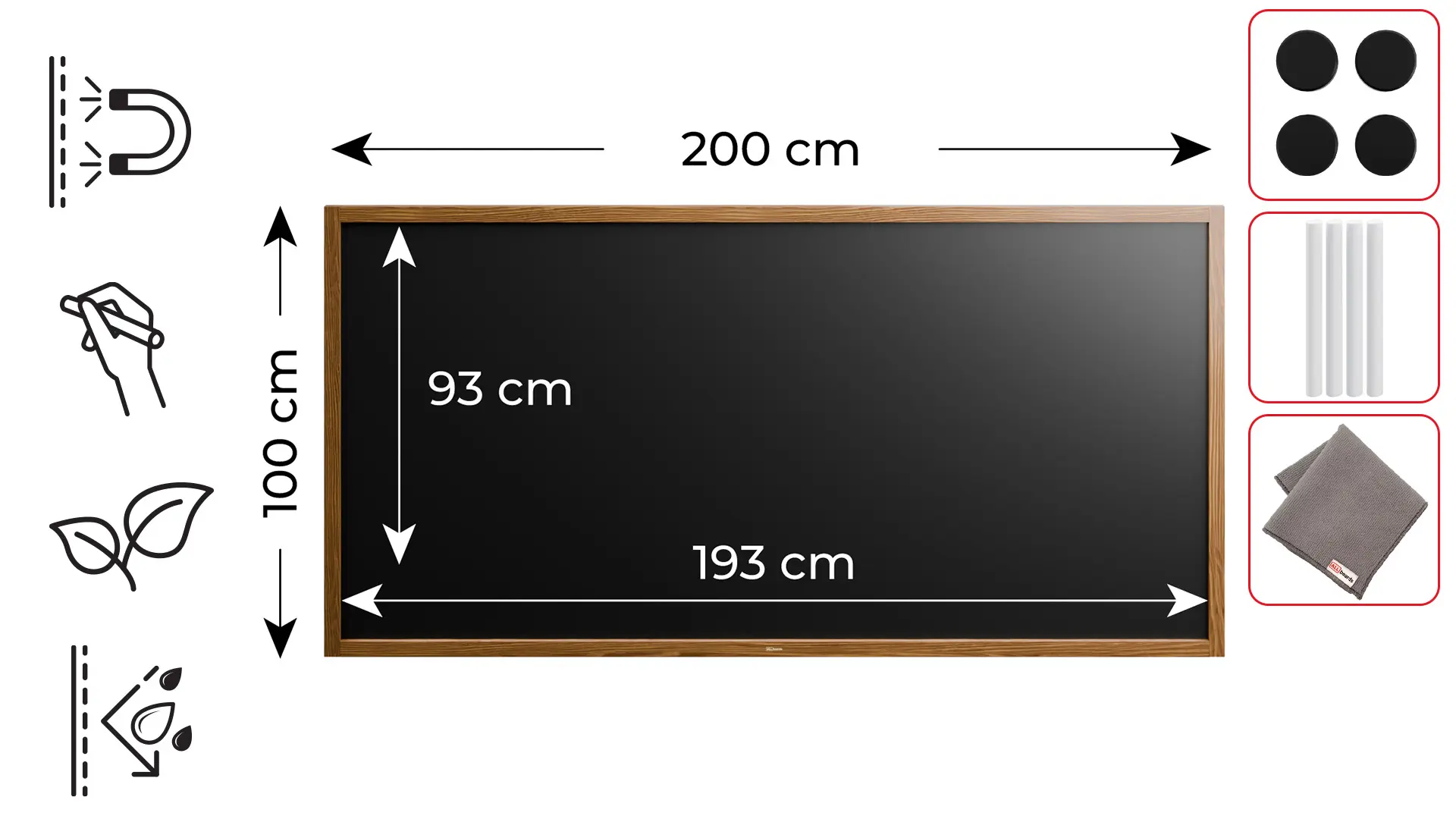 Tableau à craie noir magnétique étanche avec cadre en bois laqué 200 x 100 cm + accessoires – Image 2