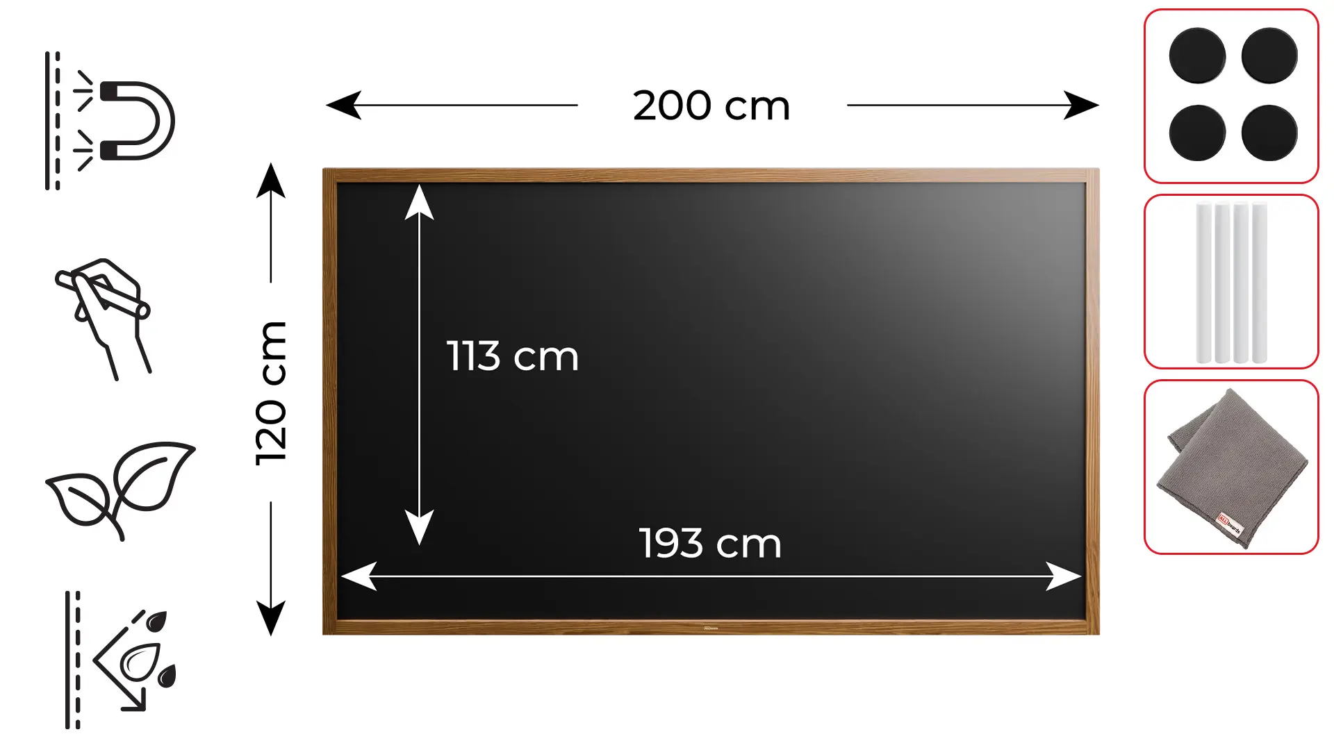 Tableau à craie noir magnétique étanche avec cadre en bois laqué 200 x 120 cm + accessoires – Image 2