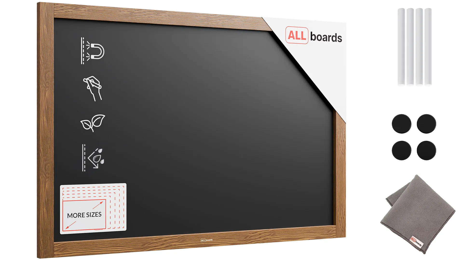 Tableau à craie noir magnétique étanche avec cadre en bois laqué 90 x 60 cm + accessoires