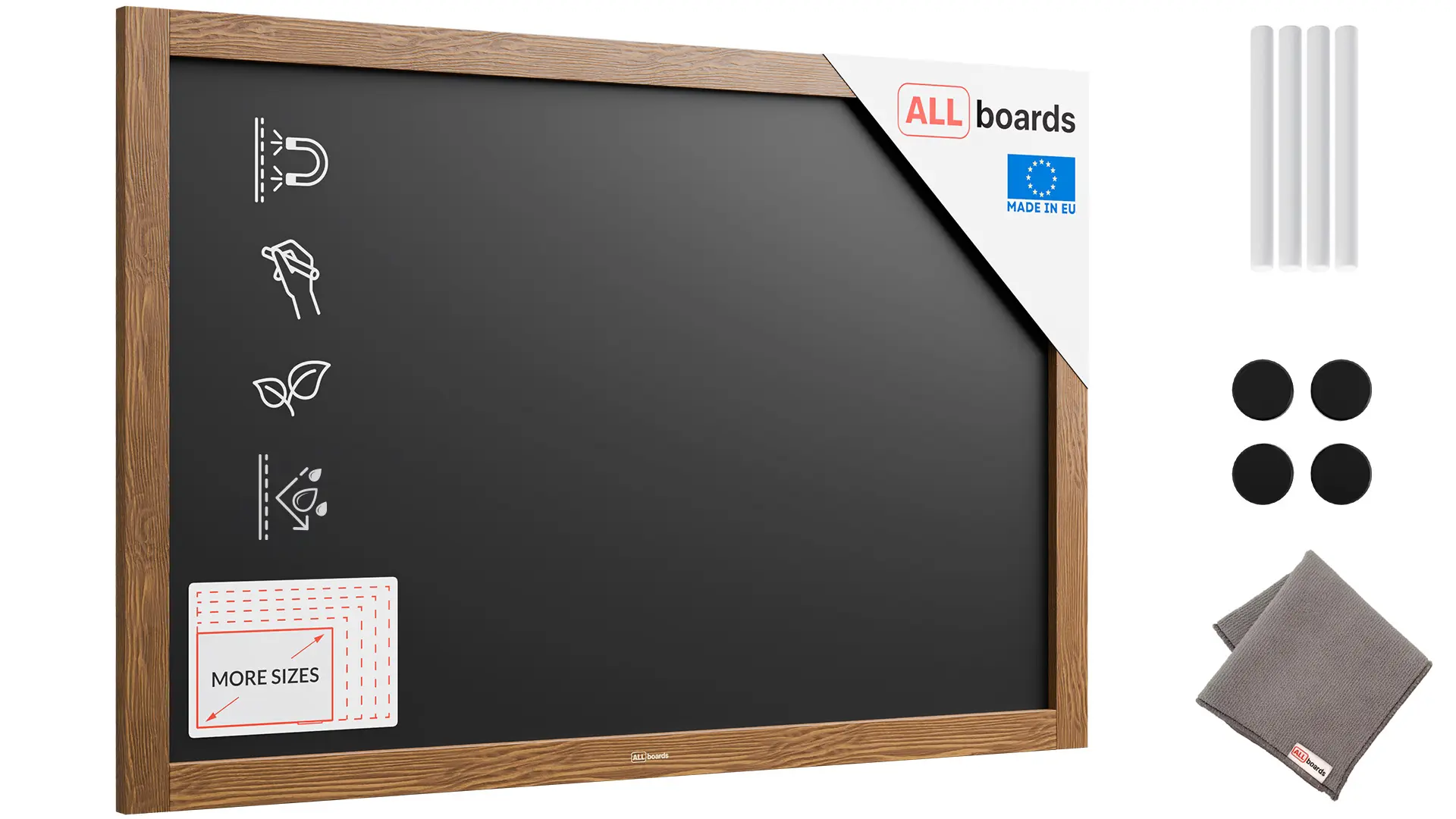 Tableau à craie noir magnétique étanche avec cadre en bois laqué 90 x 60 cm + accessoires