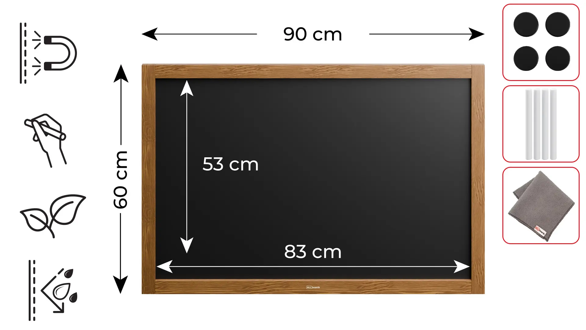 Tableau à craie noir magnétique étanche avec cadre en bois laqué 90 x 60 cm + accessoires – Image 2
