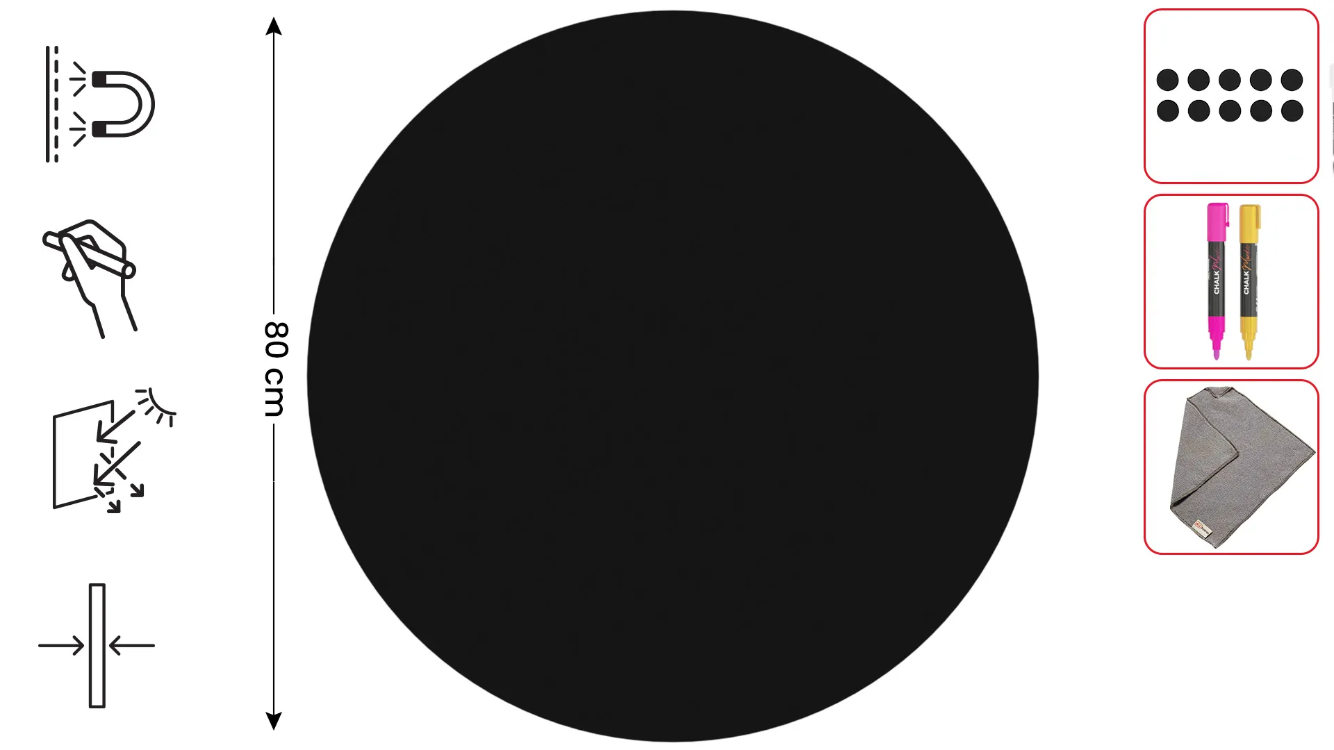 Tableau magnétique rond noir CERCLE, diamètre 80 cm – panneau magnétique sans cadre + accessoires – Image 2