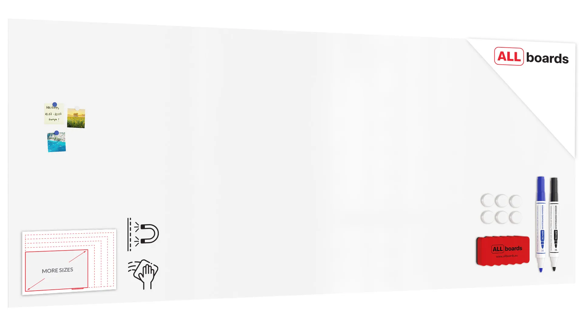 Tableau magnétique effaçable à sec SLIMboard sans cadre 300x120 cm + ACCESSOIRES