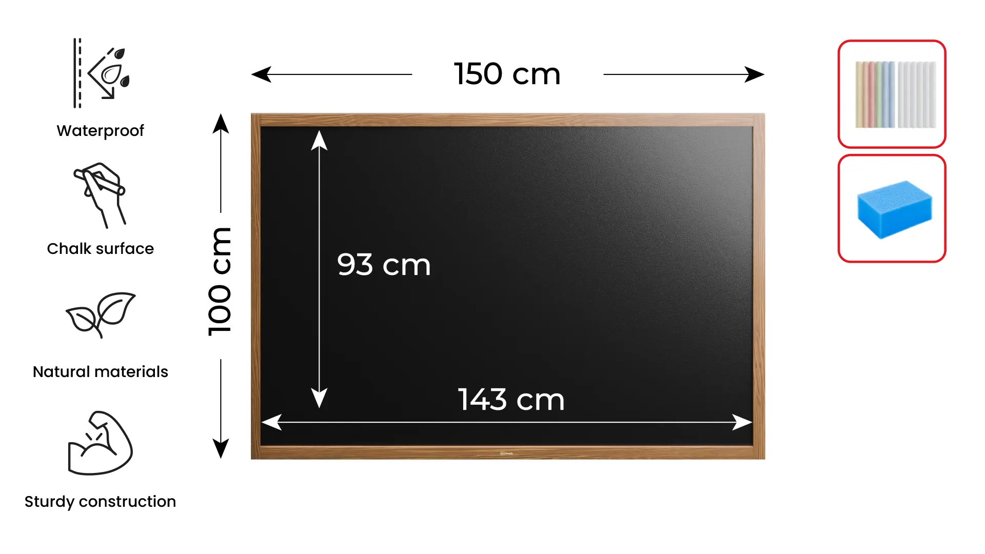 Tableau à Craie Noir Etanche avec Cadre en Bois Laqué 150x100cm