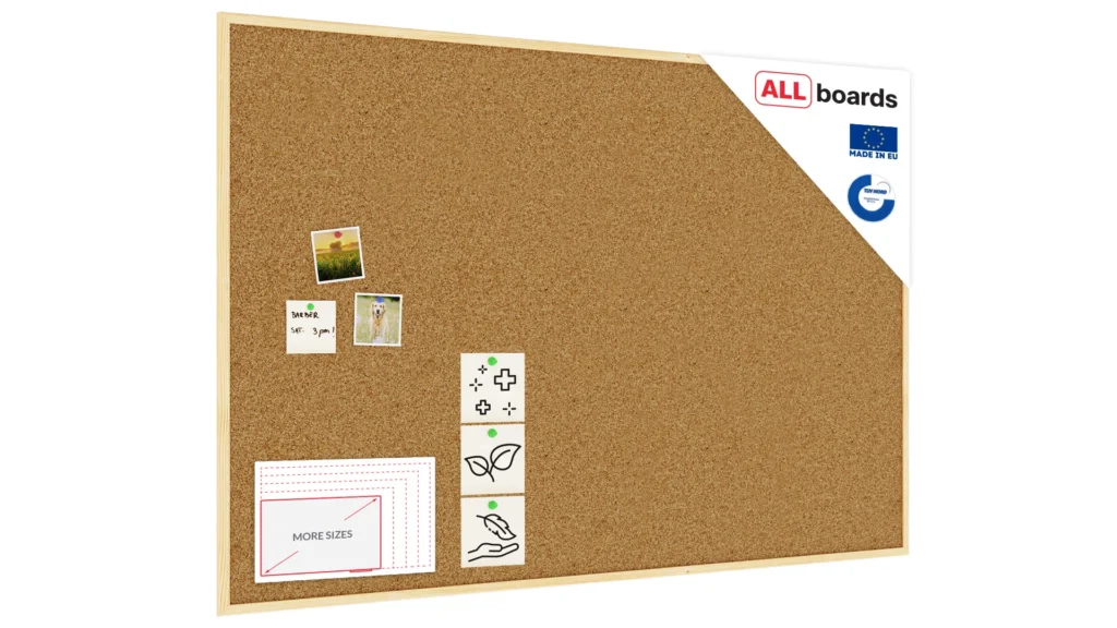 Tableau de liège 150x100 cm avec cadre en bois naturel – surface en liège portugais autocicatrisant