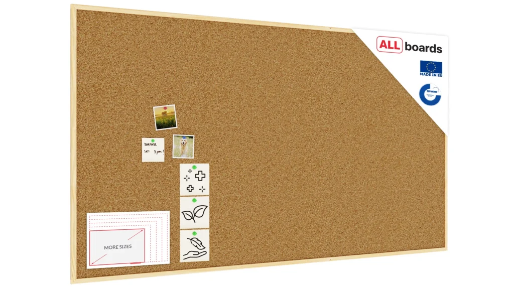 Tableau de liège 180x100 cm avec cadre en bois naturel – surface en liège portugais autocicatrisant