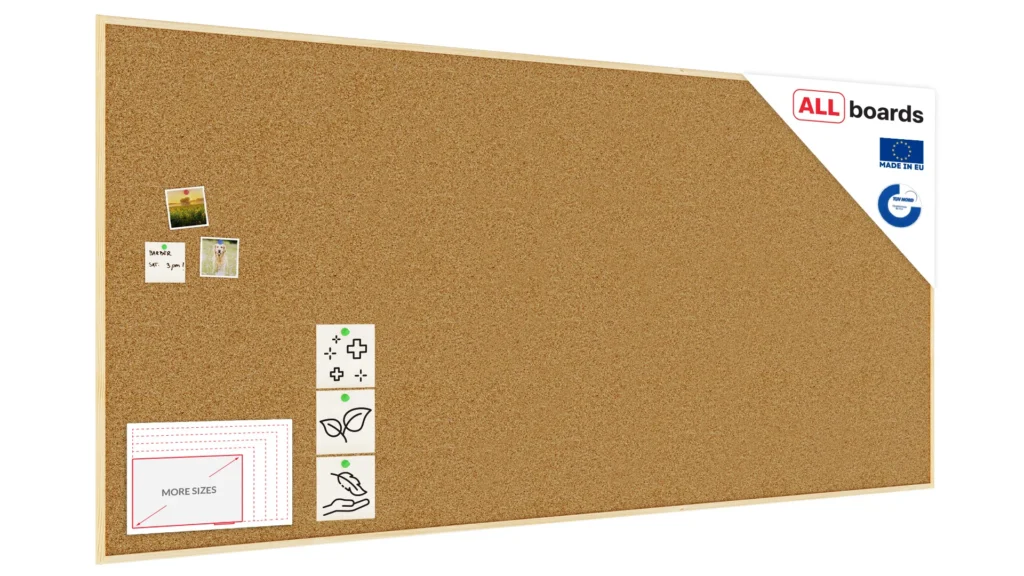 Tableau de liège 250x120 cm avec cadre en bois naturel – surface en liège portugais autocicatrisant
