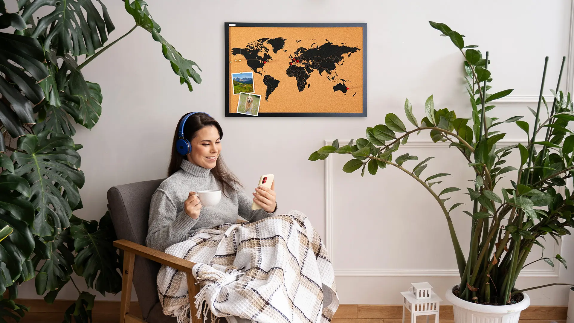 CARTE DU MONDE tableau en liège cadre en bois laqué NOIR 60x40 cm – Image 10