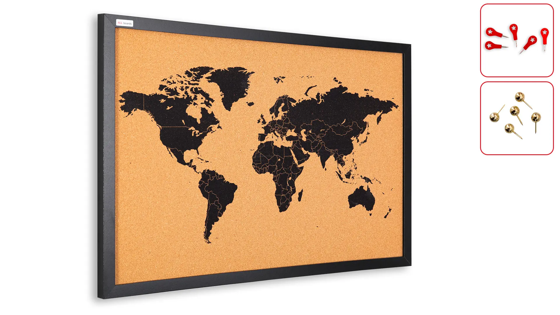 CARTE DU MONDE tableau en liège cadre en bois laqué NOIR 60x40 cm