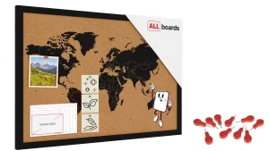 CARTE DU MONDE tableau en liège cadre en bois laqué NOIR 60x40 cm + Accessoires