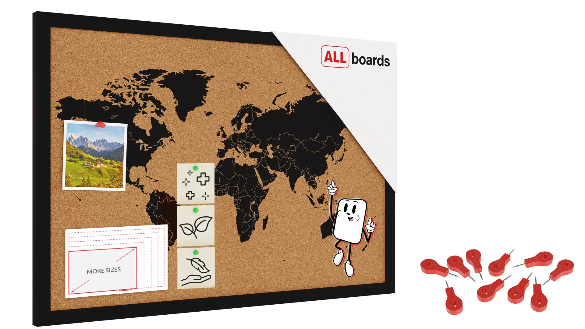 CARTE DU MONDE tableau en liège cadre en bois laqué NOIR 60x40 cm + Accessoires