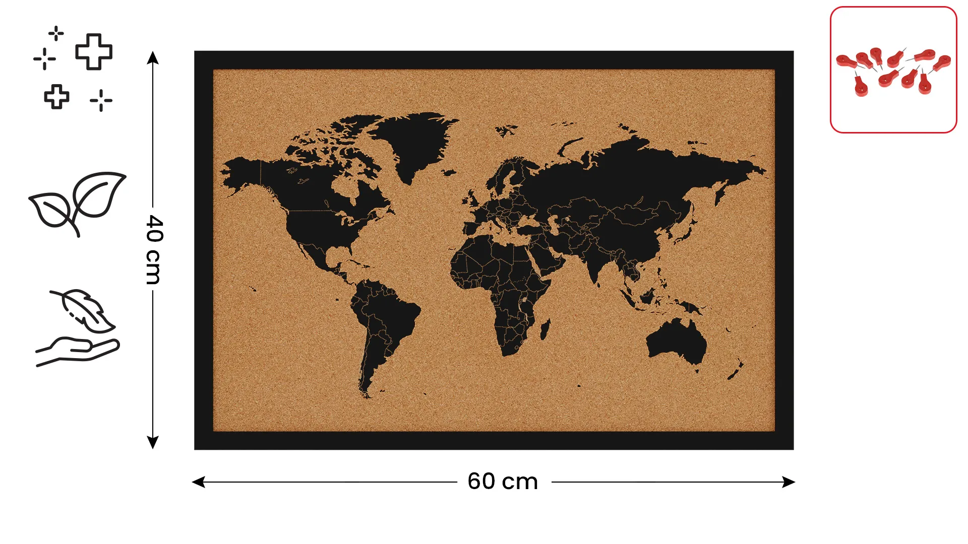 CARTE DU MONDE tableau en liège cadre en bois laqué NOIR 60x40 cm + Accessoires – Image 2