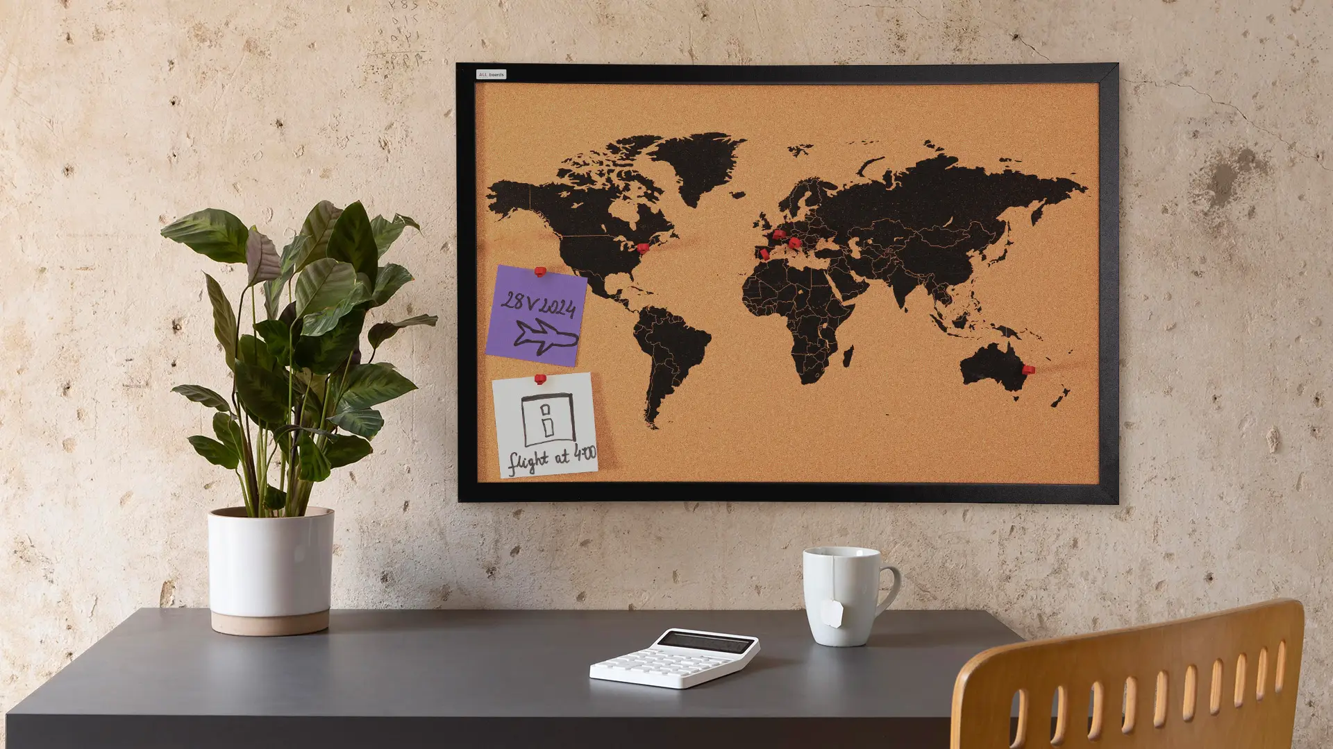 CARTE DU MONDE tableau en liège cadre en bois laqué NOIR 60x40 cm + Accessoires – Image 3