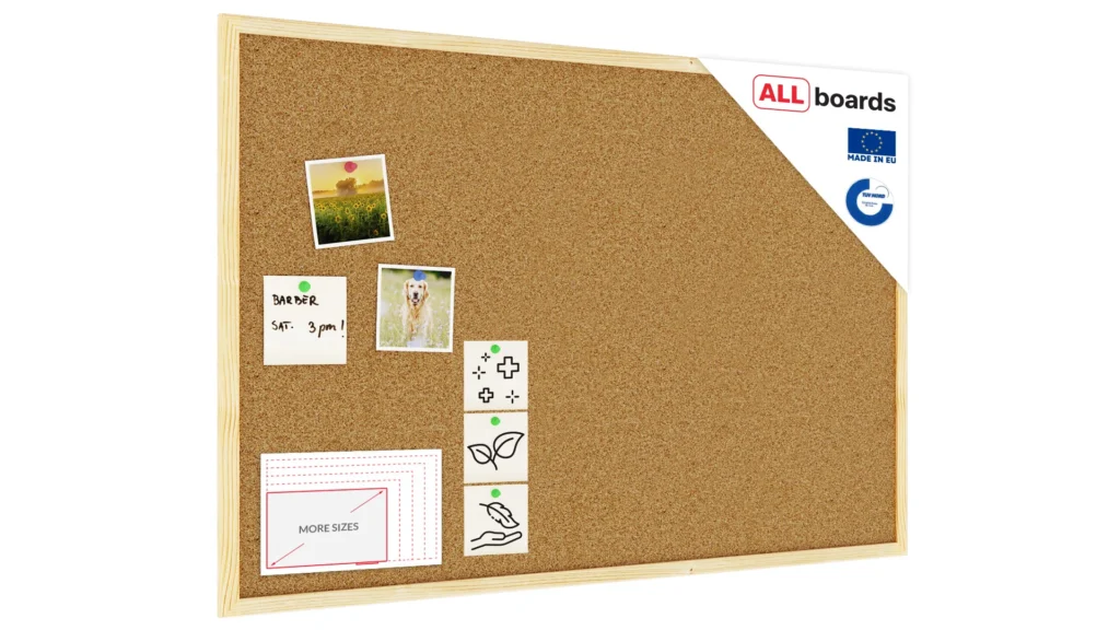 Tableau de liège 90x60 cm avec cadre en bois naturel – surface en liège portugais autocicatrisant