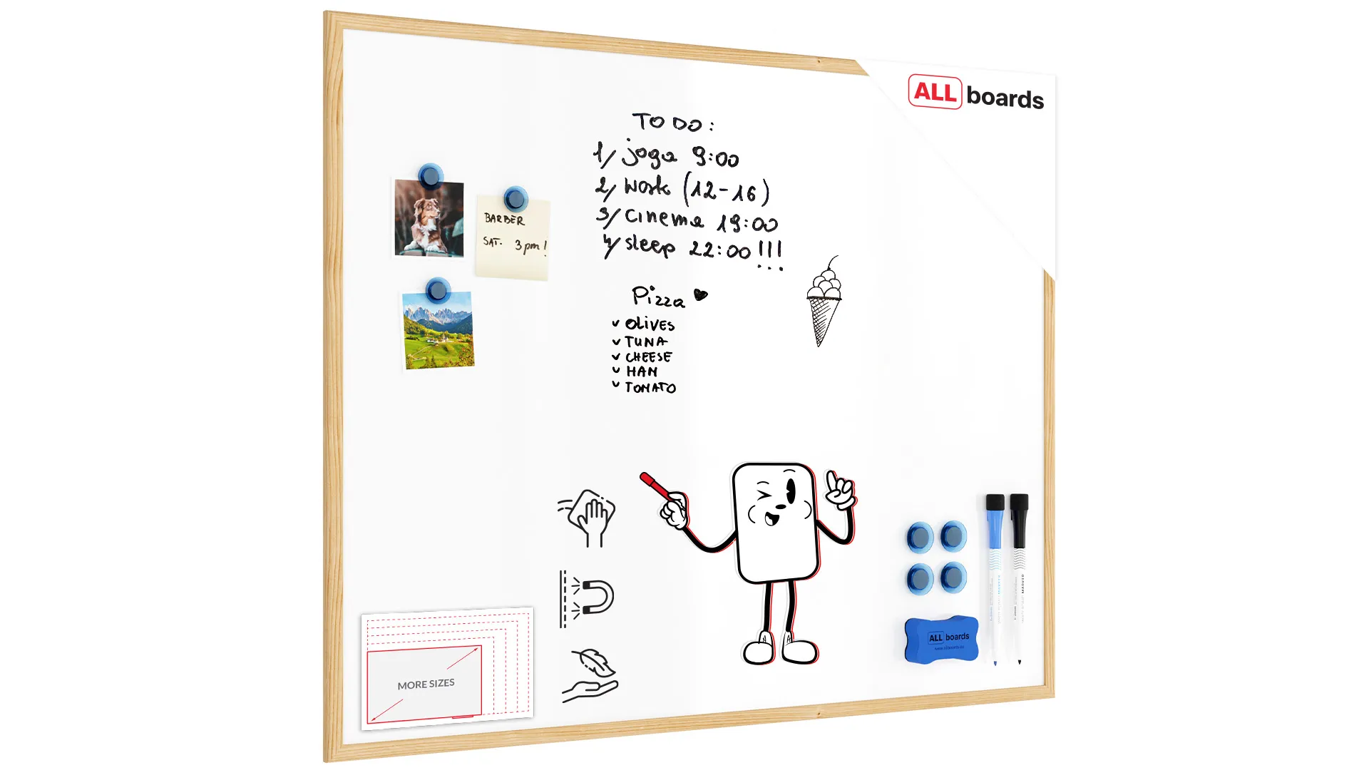 Tableau Blanc Magnétique Effaçable à Sec avec Cadre en Bois 100x80cm