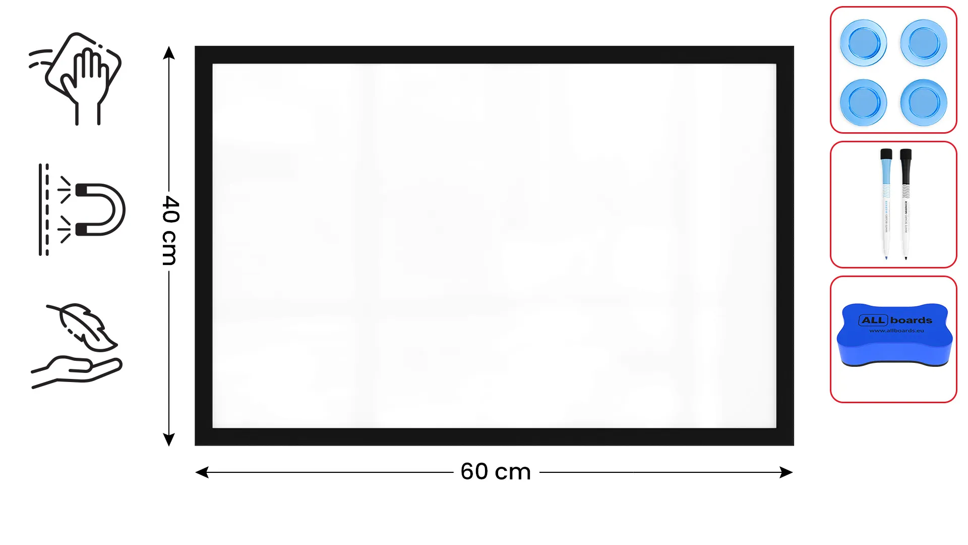 Tableau Blanc Magnétique Effaçable à Sec avec Cadre en Bois Noir 60x40 cm – Image 2