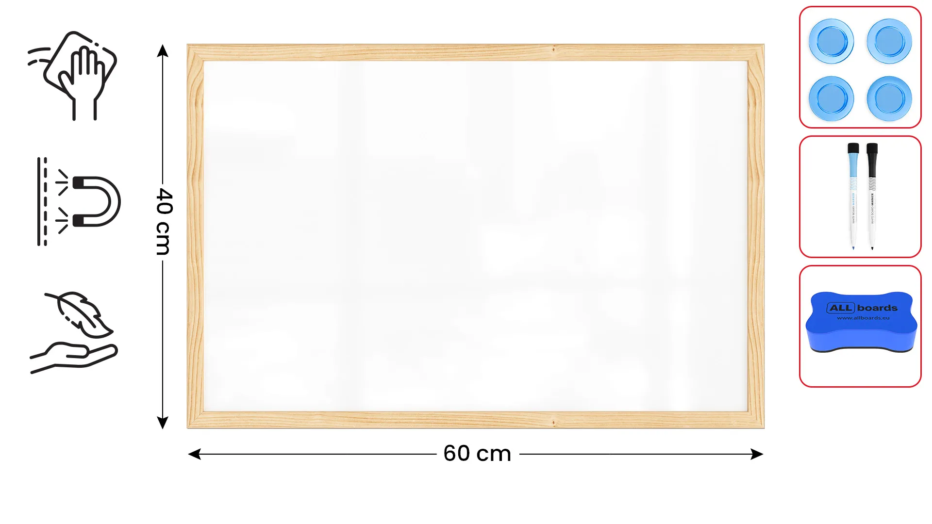 Tableau Blanc Magnétique Effaçable à Sec avec Cadre en Bois 60x40cm – Image 2
